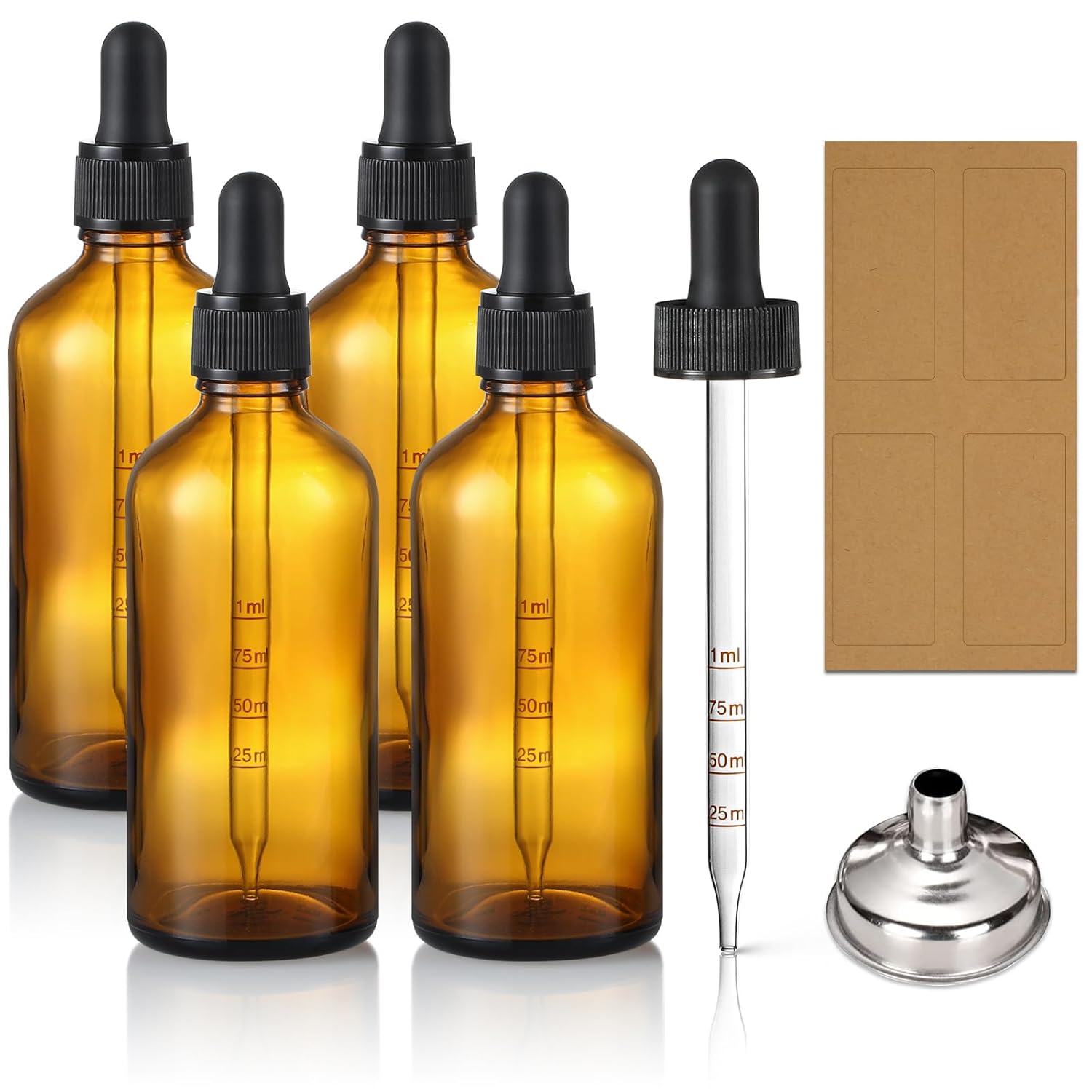 4 Pack, 100ml Dropper Bottles with 2pcs Glass Pipettes(1ml) - Essential Oils Bottles for Health, Personal Care & Beauty - 3.4oz Thick Dark Amber Glass Tincture Bottle with Eye Droppers, Leakproof
