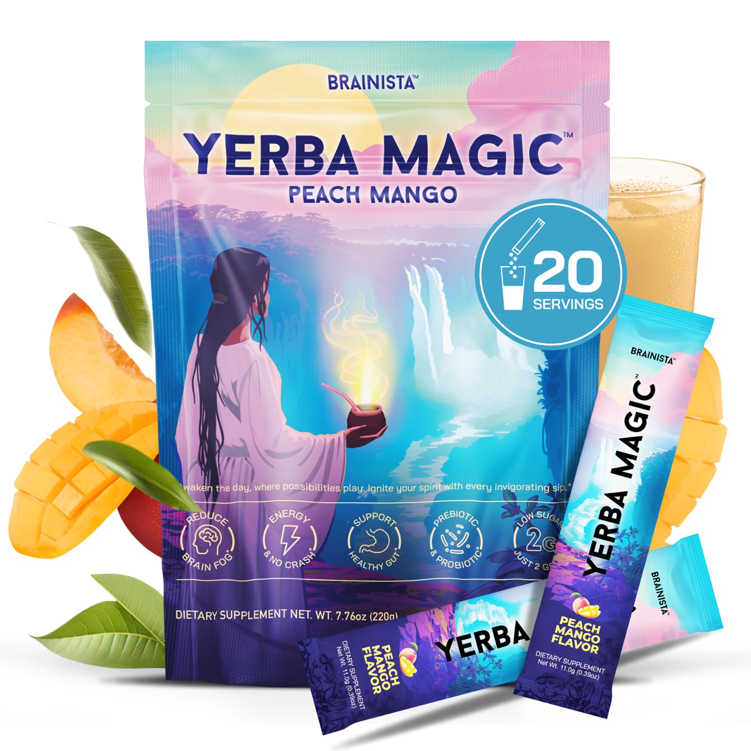 Yerba Mate Tea Sticks, Instant Tea Packets, Lion's Mane, Peach Mango, 20ct
