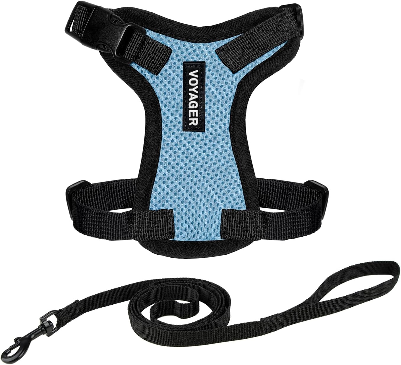 Voyager Step-in Lock Cat Harness and Reflective Cat Leash with Neoprene Handle by Best Pet Supplies - Supports Small, Medium and Large Breed Cats, Baby Blue/ Black Trim, size XXS - 5ft