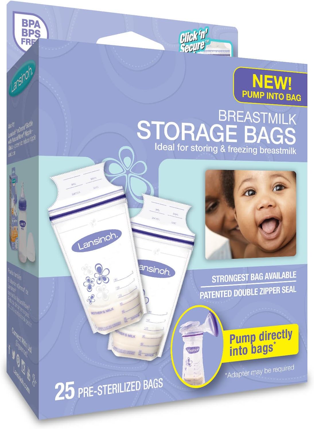 Lansinoh Breast Milk Storage Bags Breastmilk Pouches for fridge or freezer use, store flat or standing, BPA and BPS free, pre-sterilised, double zipper seal, Pack of 25, Packaging may vary