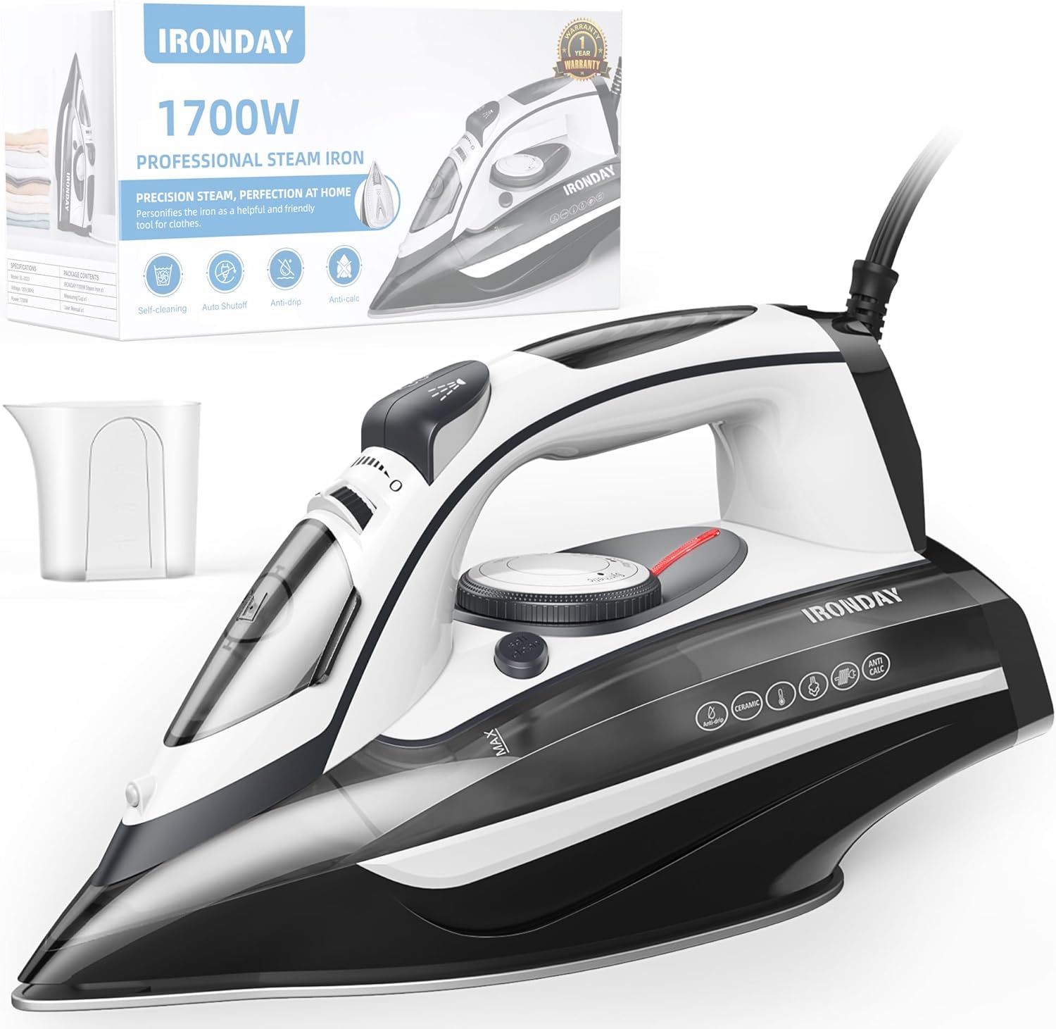 Steam Iron for Clothes Rapid Heating, 1700W Iron with Non-Stick Ceramic Soleplate, 3-Way Auto-Off, Burst of Steam, Self-Cleaning, 14.07oz Water Tank Ironing Clothes for Home, Grey