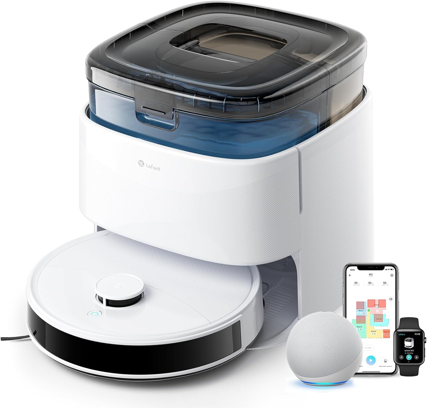 Lefant M3 Robot Vacuum, Robot Vacuum and Mop, 12000Pa Suction, Anti-Tangle Brushes, Dual Spinning Mop, Auto Mop Washing, Drying, Self-Emptying, Self-Refilling, for Pet Hair Dust, App Voice Control