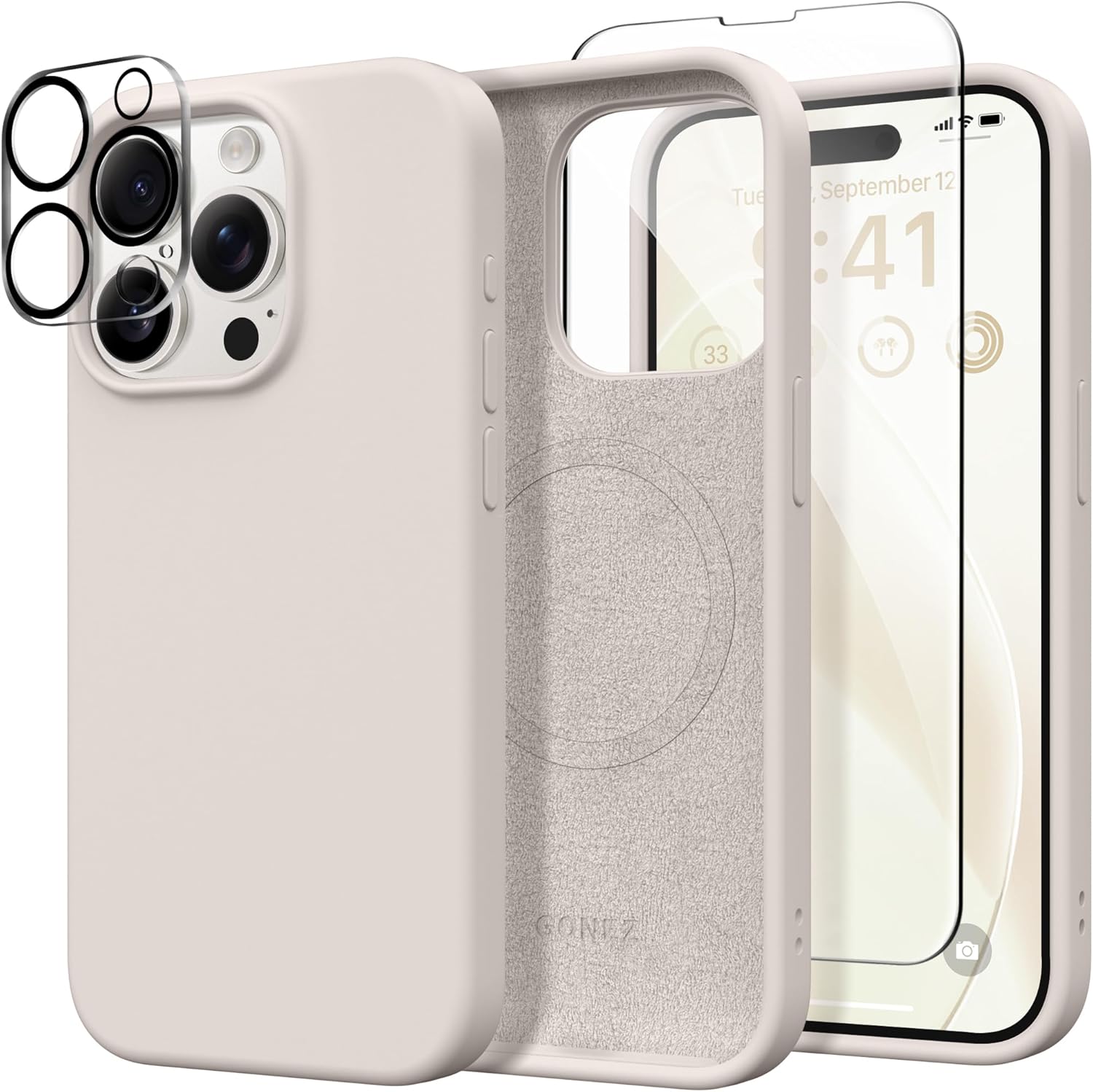 GONEZ Magnetic for iPhone 15 Pro Case, Compatible with MagSafe, [Screen Protector + Camera Lens Protector], Silicone Shockproof Anti-Scratch Protective Phone Case 6.1 inch, Stone