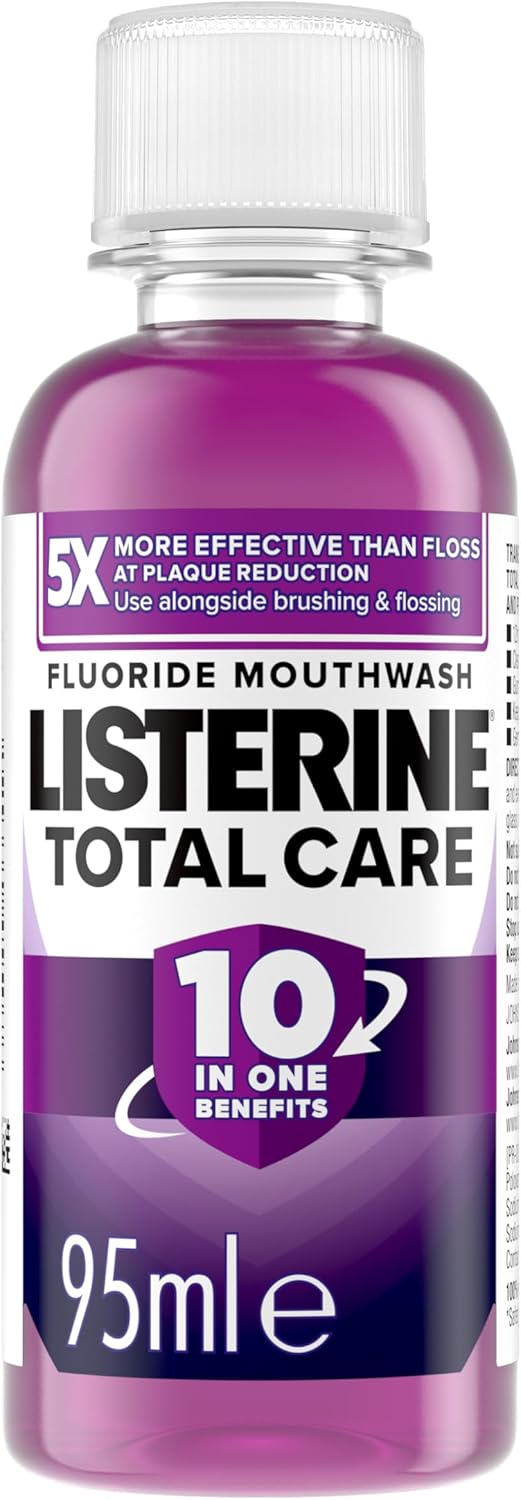 Listerine Total Care Antibacterial Mouthwash (95ml), Caring and Cleansing Mouthwash to Freshen Breath with 10-in-1 Benefits, Clean Mint-Flavoured