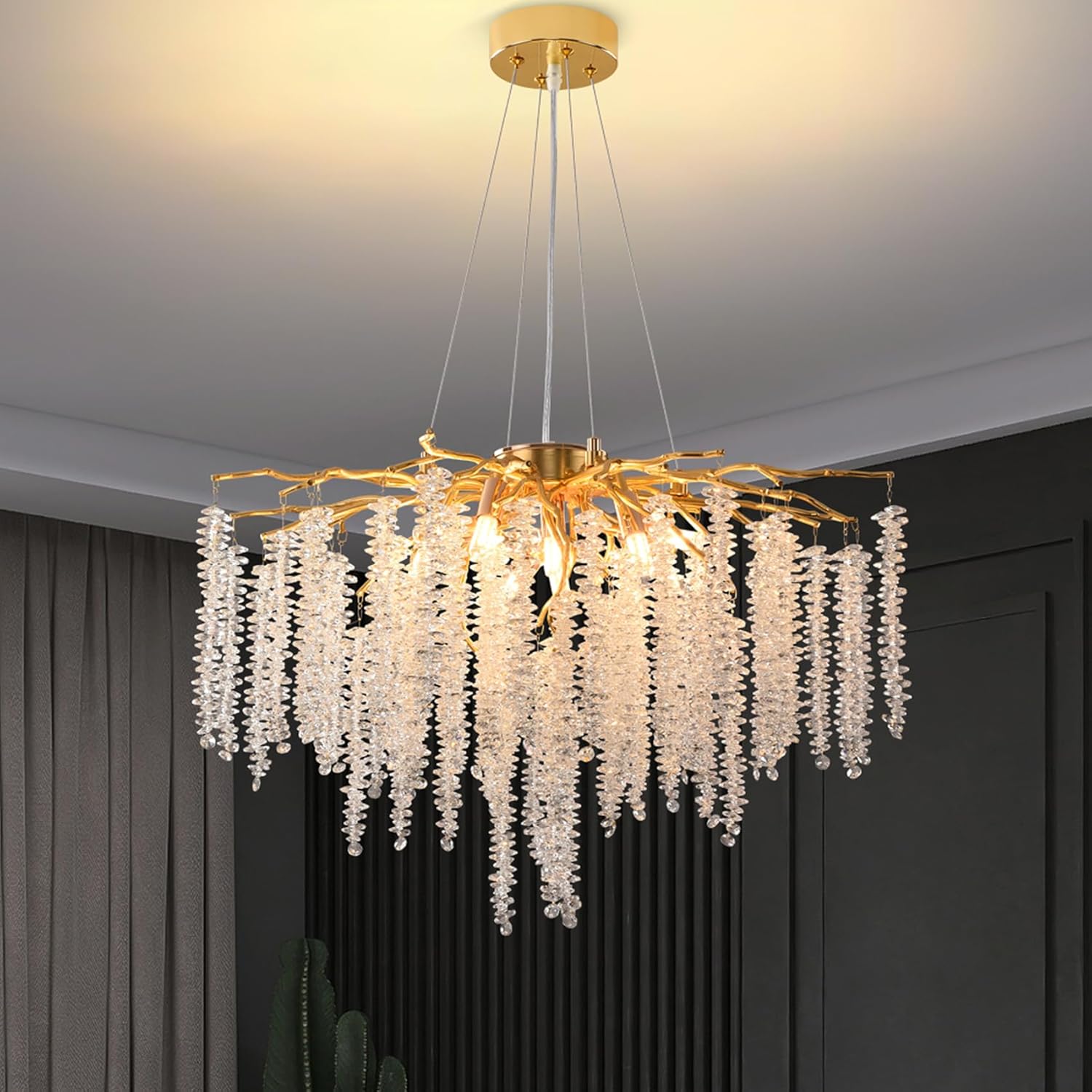 Modern Crystal Tree Branches Chandeliers Gold Luxury Round Raindrop Pendant Light Fixture 9 Light Tassel Ceiling Hanging Light for Dining Room Bedroom Living Room Entryway 60CM