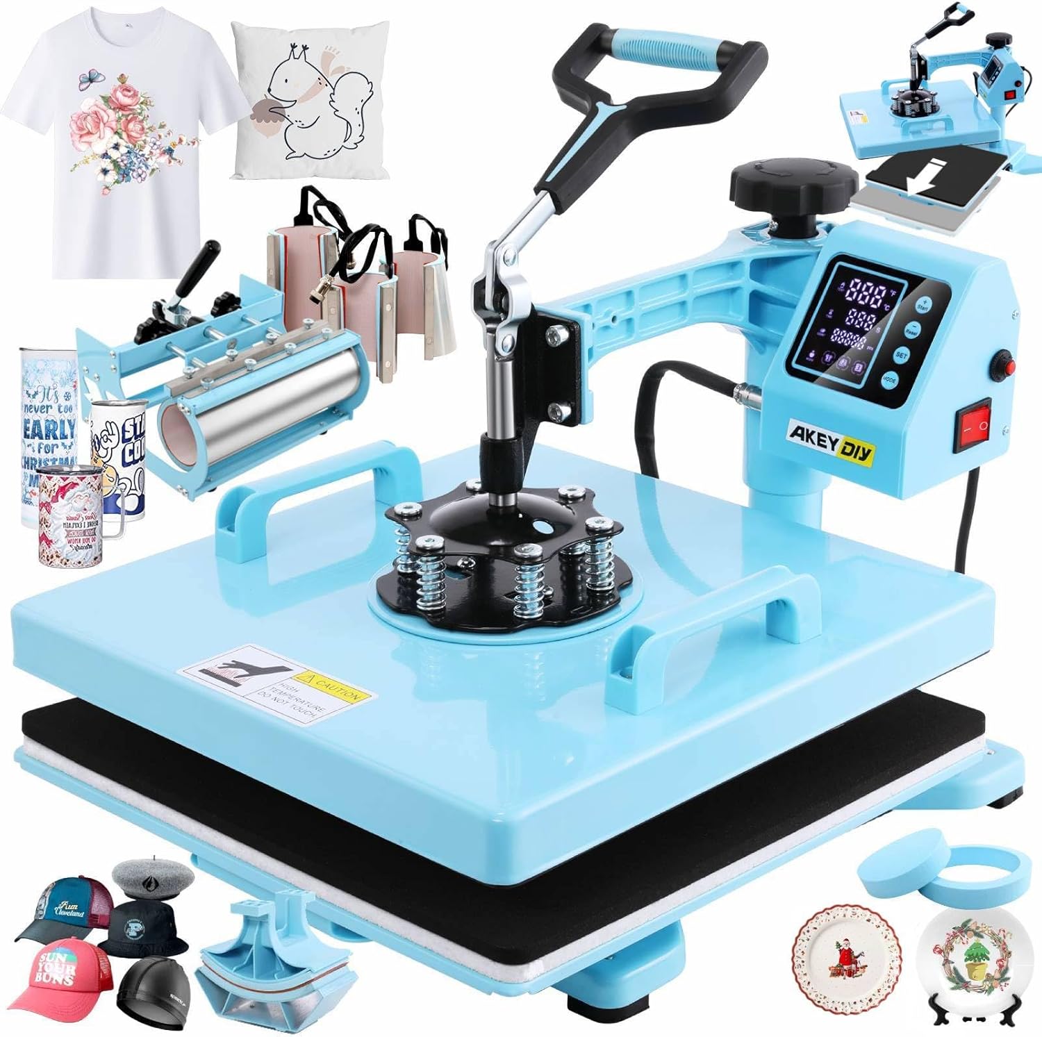 AKEYDIY Heat Press 15x15 inch 8 in 1 Slide Out Tshirt Press Machine with 30OZ Tumbler Attachment Sublimation Machine Digital Printing Transfer Heat Press Machine for T-Shirts Mugs Caps Plates,1400W