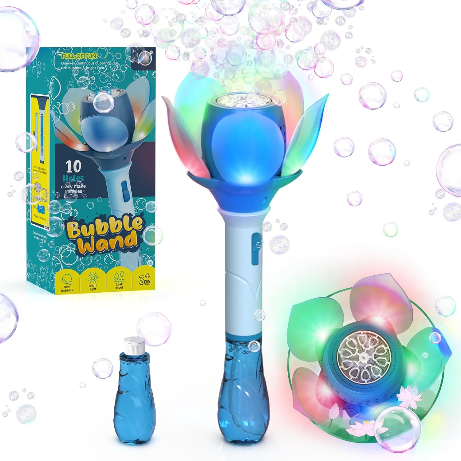 PANACARE Bubble Wand Blower for Kids Handheld Lotus Bubble Wand Automatic Bubble Machine with Battery/Light/10000+Bubbles/Bubble Solution Bubble Toy Gift for Girl Boys Party Weddings Outdoor Indoor