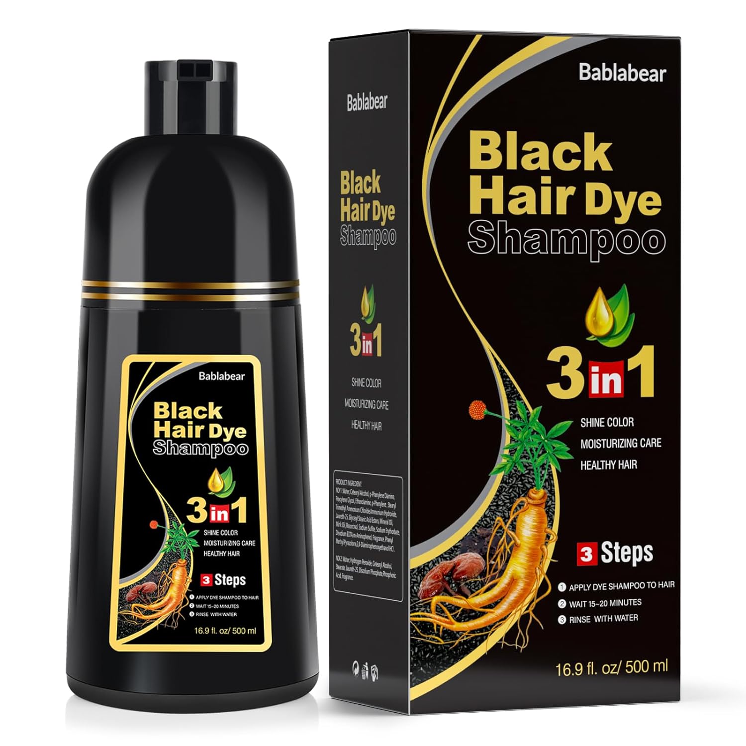 Black Hair Dye Shampoo for Gray Hair, Semi-Permanent Hair Color Shampoo for Women and Men, Herbal Ingredients, 3 in 1 100% Grey Coverage.Lasts 30 Days/500ml/Natural herbal Ingredients