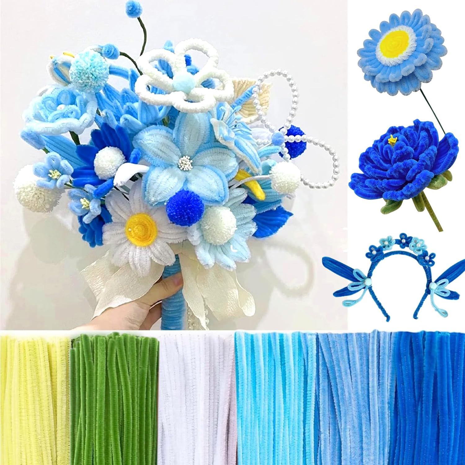 600 Pcs Pipe Cleaners Craft for Flowers, Pastel Chenille Stems for DIY Art Projects Creative Gift(6 Colors), Bulk Fuzzy Pipe Cleaner Flower Kit, Ideals for Party Decor (Blue Flower)