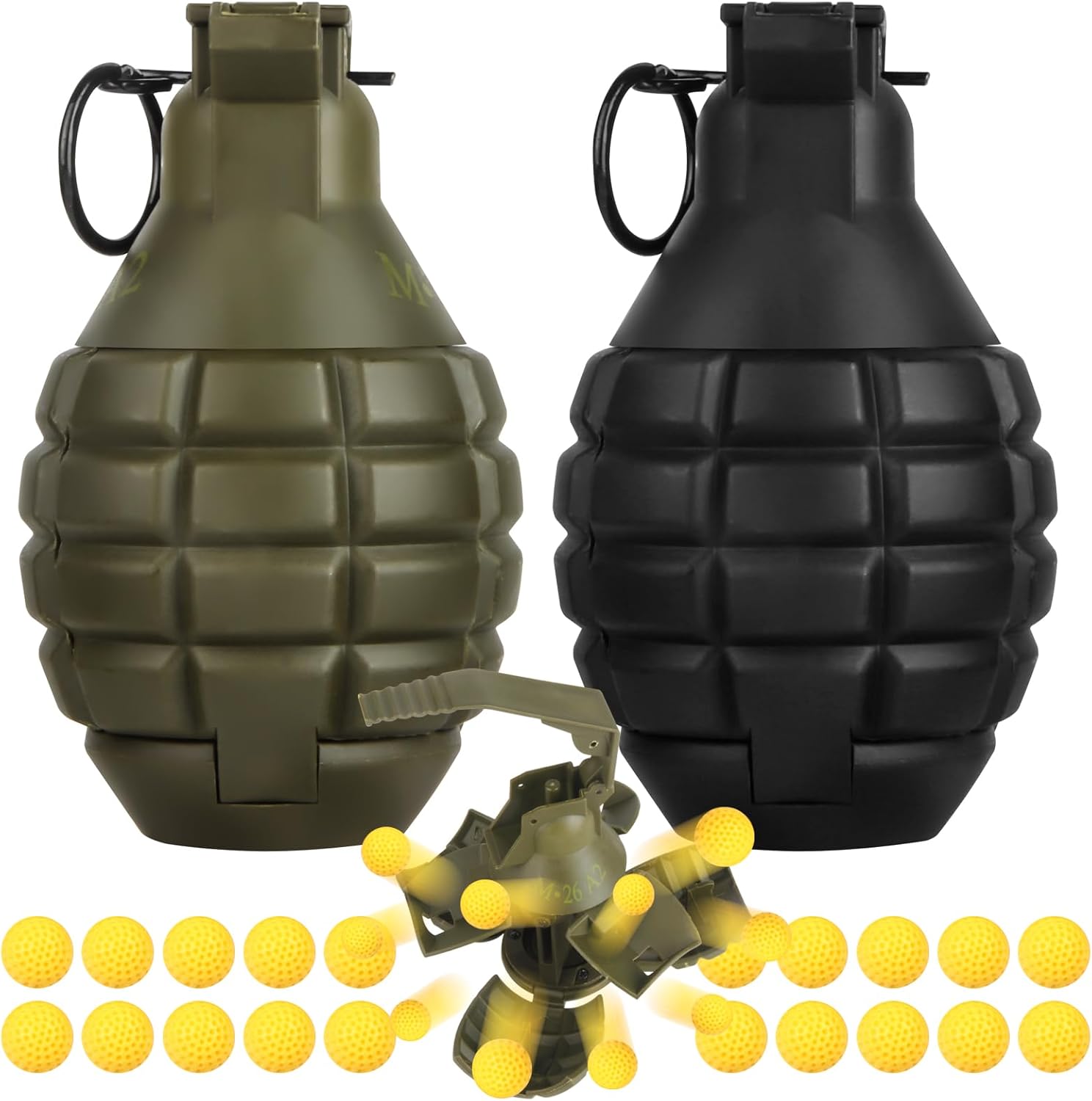 Tactical Toy-Grenade for CS Battle Game,2Pcs Fall Resistant Refillable Fun Impact,Pull Ring Grenade Toy with 20 Foam Ammo for 14+ Outdoor Sport
