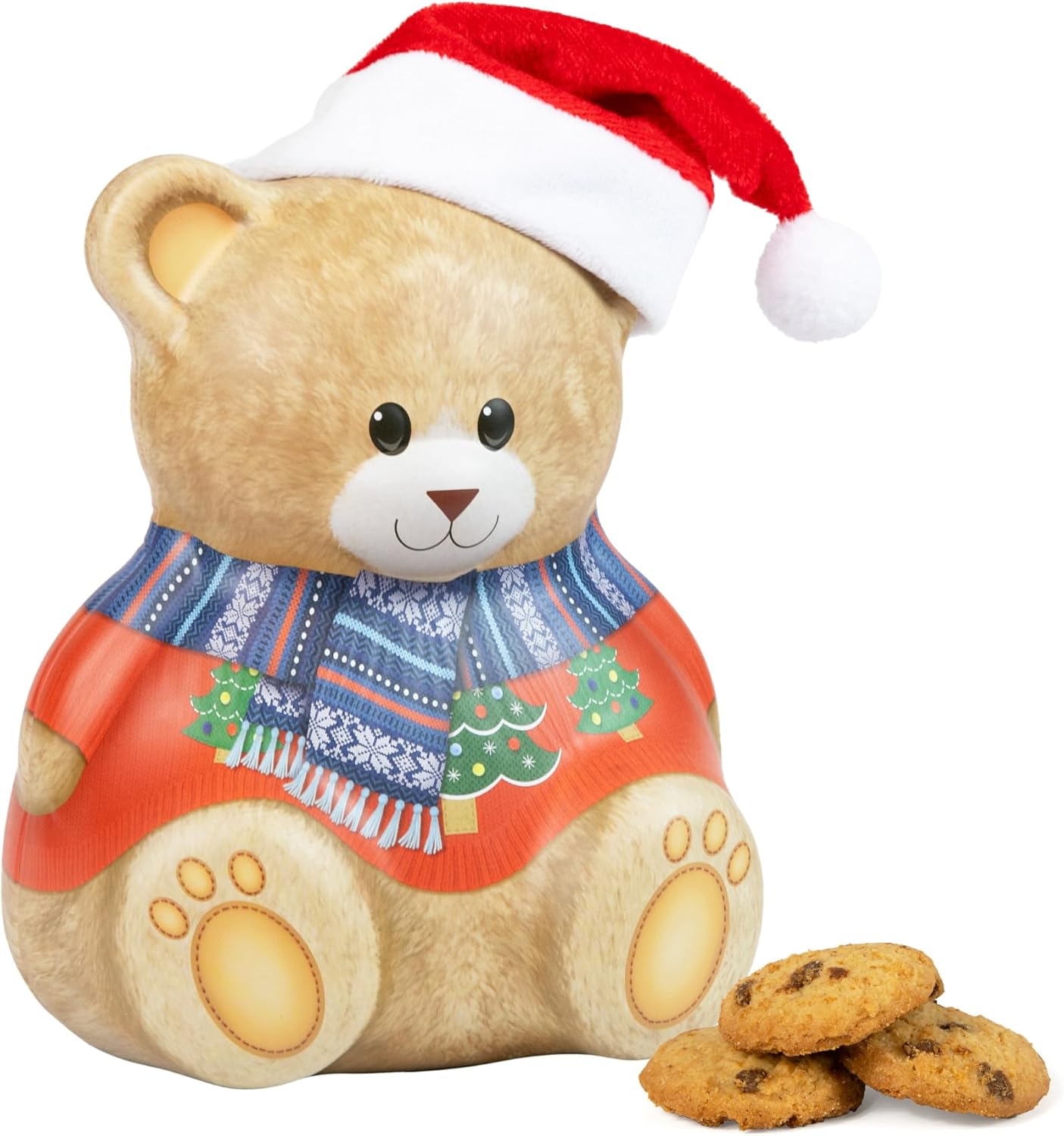 Christmas Bear with Hat Gift Set - Christmas Biscuits Tin, Novelty Biscuit Tins with 100g Mini Chocolate Chip Cookies - Luxury Biscuits Gifts for Women and Men