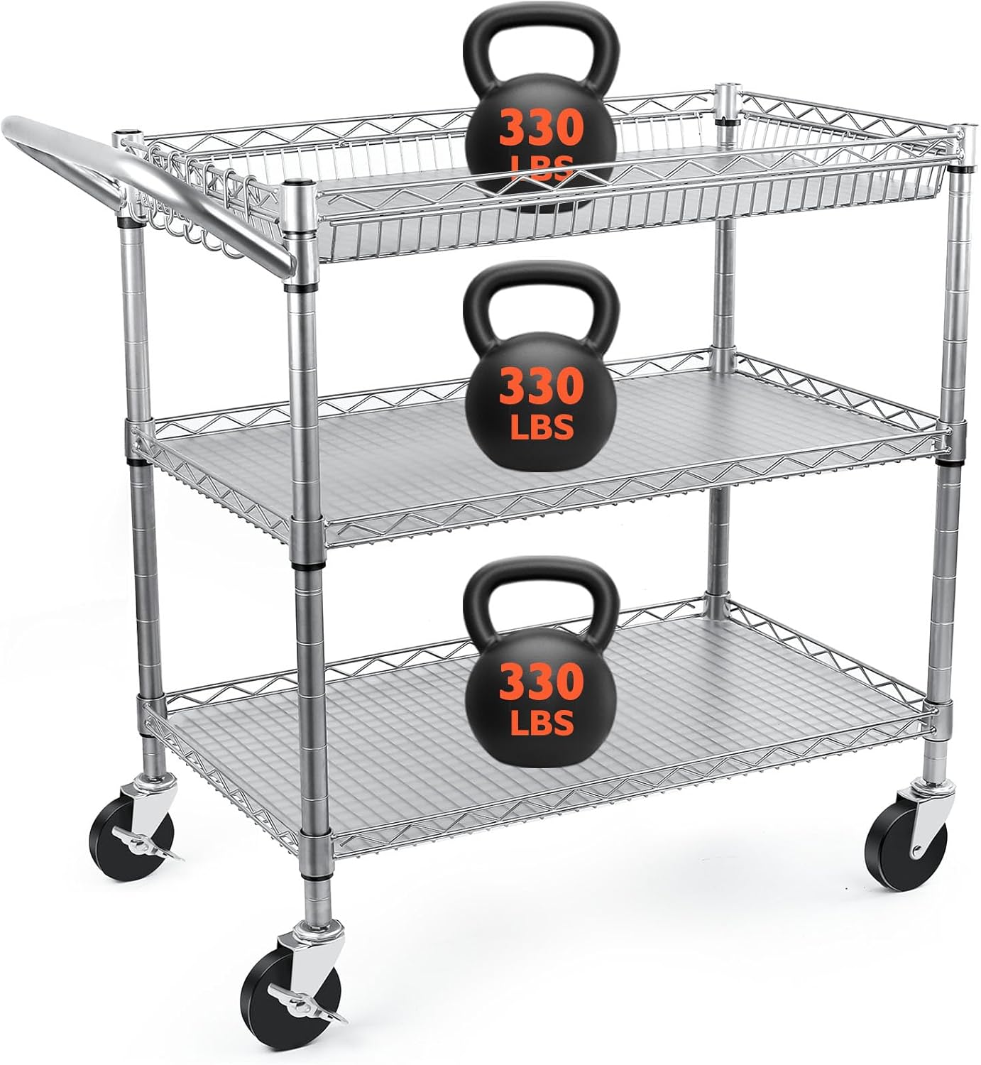 Heavy Duty Utility Cart, 990Lbs Capacity 3 Tier Rolling Carts with Wheels, Kitchen Cart on Wheels with Storage, Commercial Grade Metal Serving Carts with Wire Shelving &Handle Bar, Silver