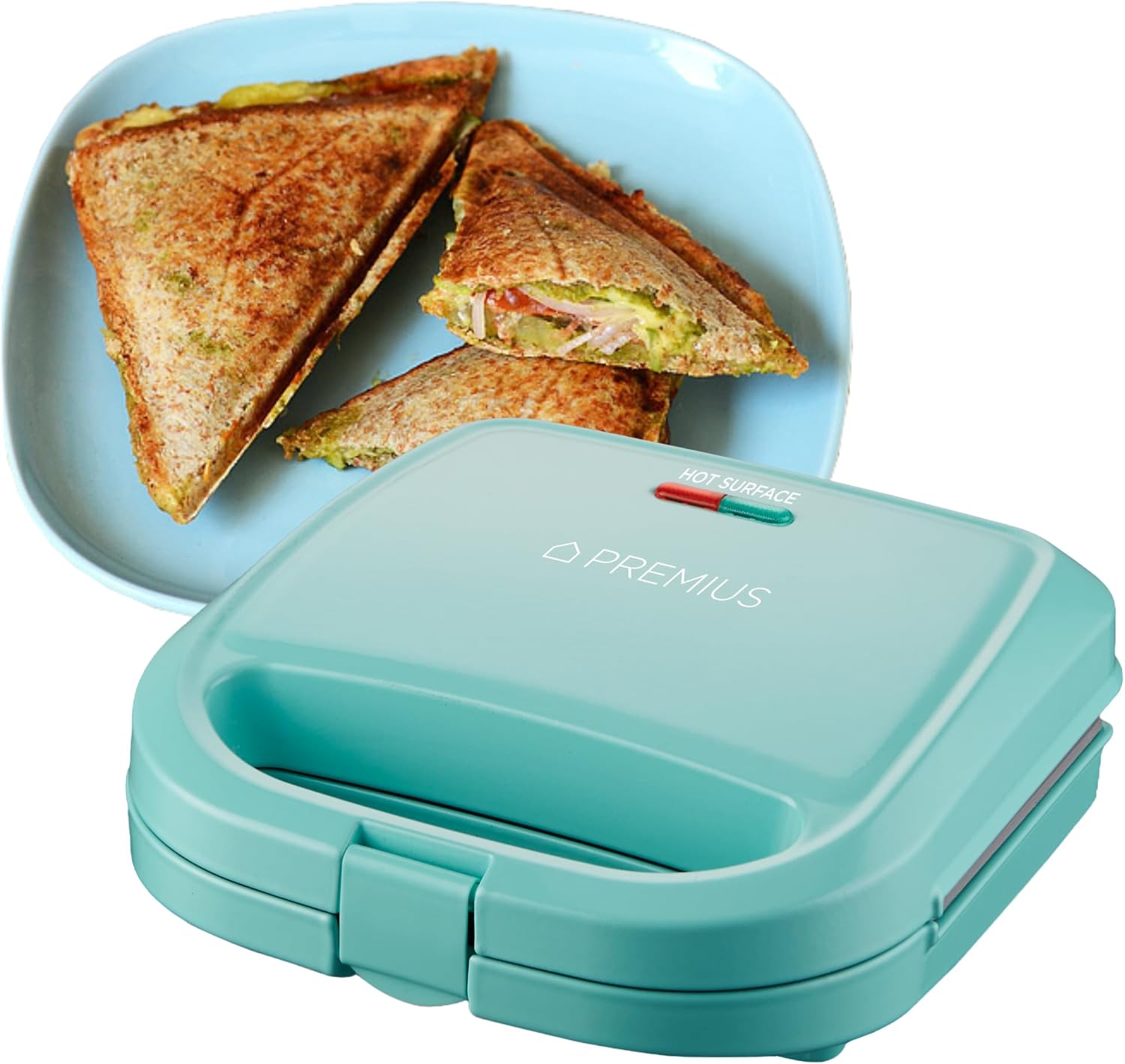 Ceramic NonStick Double Slice Sandwich Maker, Indicator Lights, Cool Touch Handle, Great for Grilled Cheese, French Toast, Tuna Melt, Egg & Cheese and Pancake Sandwich, Easy Clean (Turquoise)