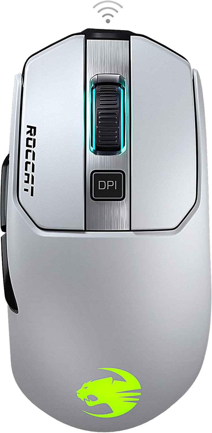 ROCCAT Kain 202 PC Gaming Wireless Mouse, AIMO RGB Lighting, 16,000 DPI Optical Owl-Eye Sensor, Ergonomic USB Computer Mouse, Claw Grip, Long Lasting Battery Life, Titan Scroll Wheel, White