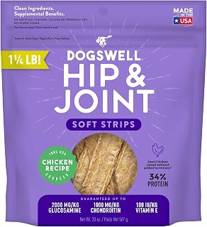 DOGSWELL Hip & Joint Dog Treats 100% Meaty, Grain Free, Glucosamine Chondroitin & Omega 3, Chicken Soft Strips 20 oz