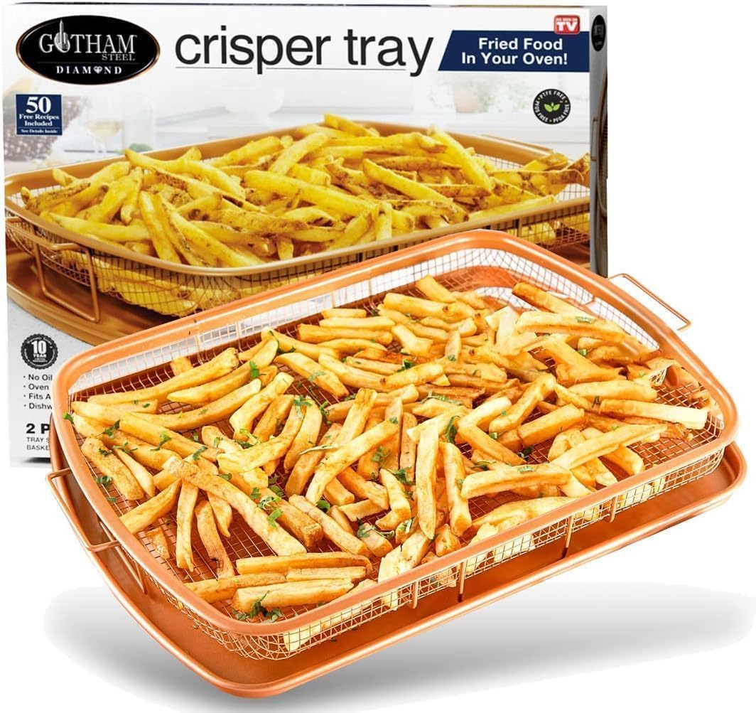 Gotham Steel Crisper Tray for Oven, 2 Piece Nonstick Copper Crisper Tray and Basket, Air Fry in Your Oven, Great for Baking and Crispy Foods, As Seen on TV – Extra Large Size, 13.4” x 11.4”