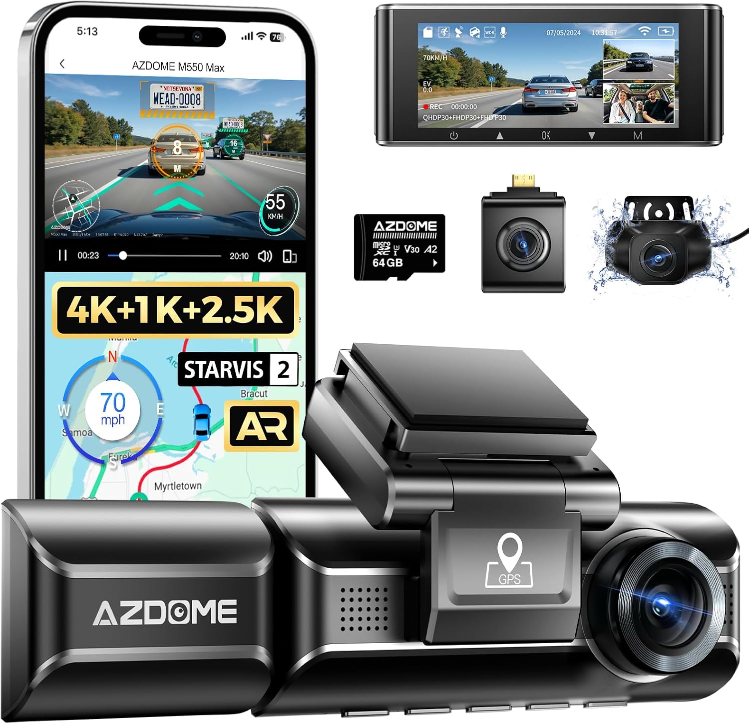 AZDOME M550 Max 4K 3 Channel Dash Cam, Dual STARVIS Sensors, 4K+2.5K+1080P Front and Rear Inside Triple Car Camera, Built-in WiFi GPS, 64GB Card Included, IR Night Vision, Ride Share Accessories