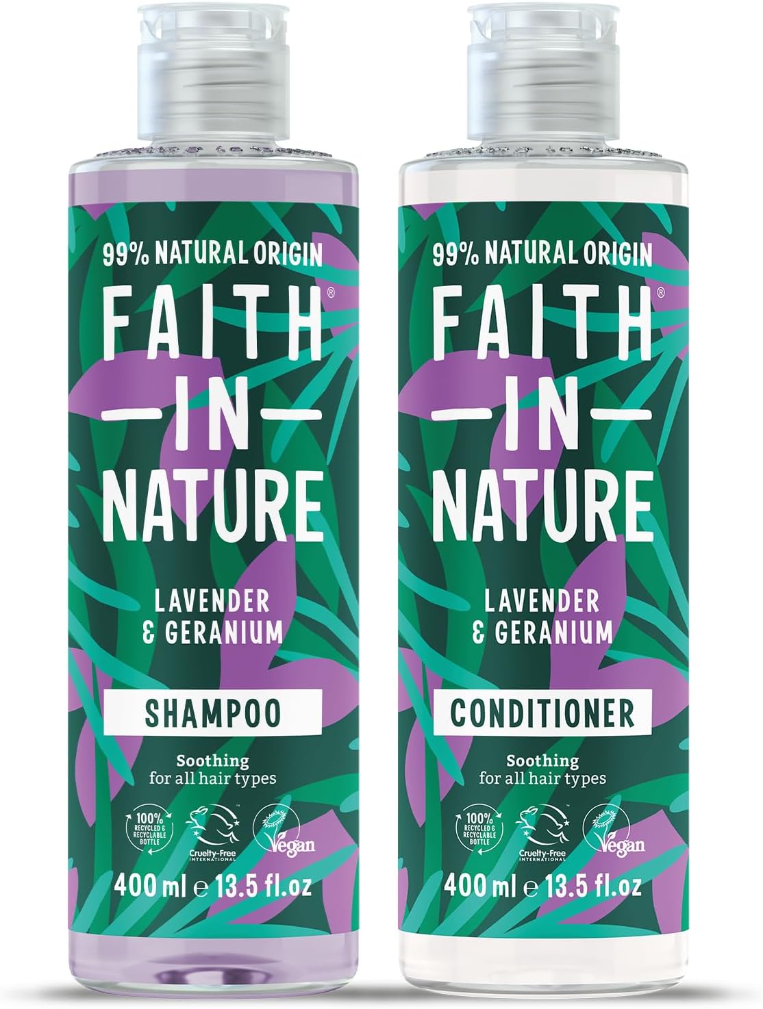 Faith In Nature Natural Lavender & Geranium Shampoo and Conditioner Set, Nourishing, Vegan & Cruelty Free, No SLS or Parabens, For Normal to Dry Hair, 2 x 400ml Pack