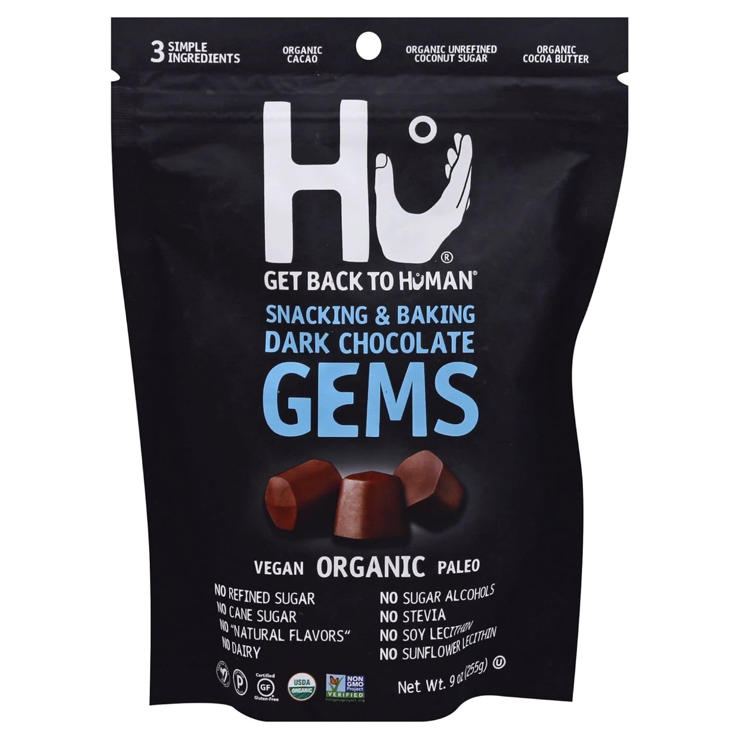 Hu Gems Chocolate Chips Vegan Snacks | 9oz | Organic, Paleo, Dark Chocolate Baking Chips | Great for Baking & Snacking, Non GMO, Kosher Chocolate