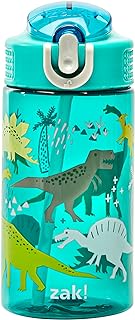 Zak Designs Kids Water Bottle For School or Travel, 16oz Durable Plastic Water Bottle With Straw, Handle, and Leak-Proof, Pop-Up Spout Cover (Dinosaur)