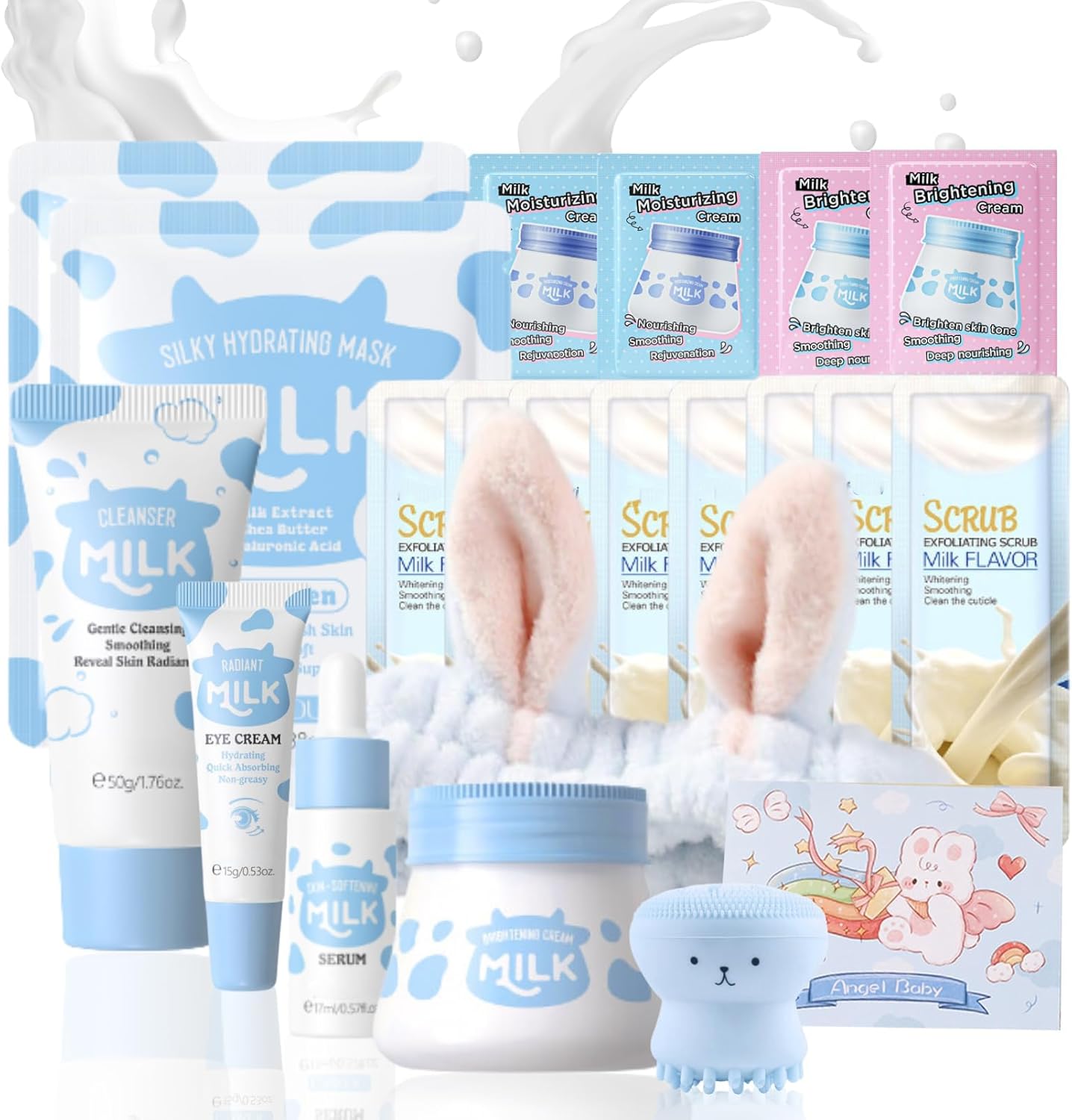 Nourish Milk Beauty Gifts for Teenage Girls - Milk Skin Care Sets & Kits - Skin Pamper Gifts for Women Kit with Cleanser,Eyecream,Cream,Serum,Scrub,Mask,Brush,Headband,Lovely Greet Card (21pcs)