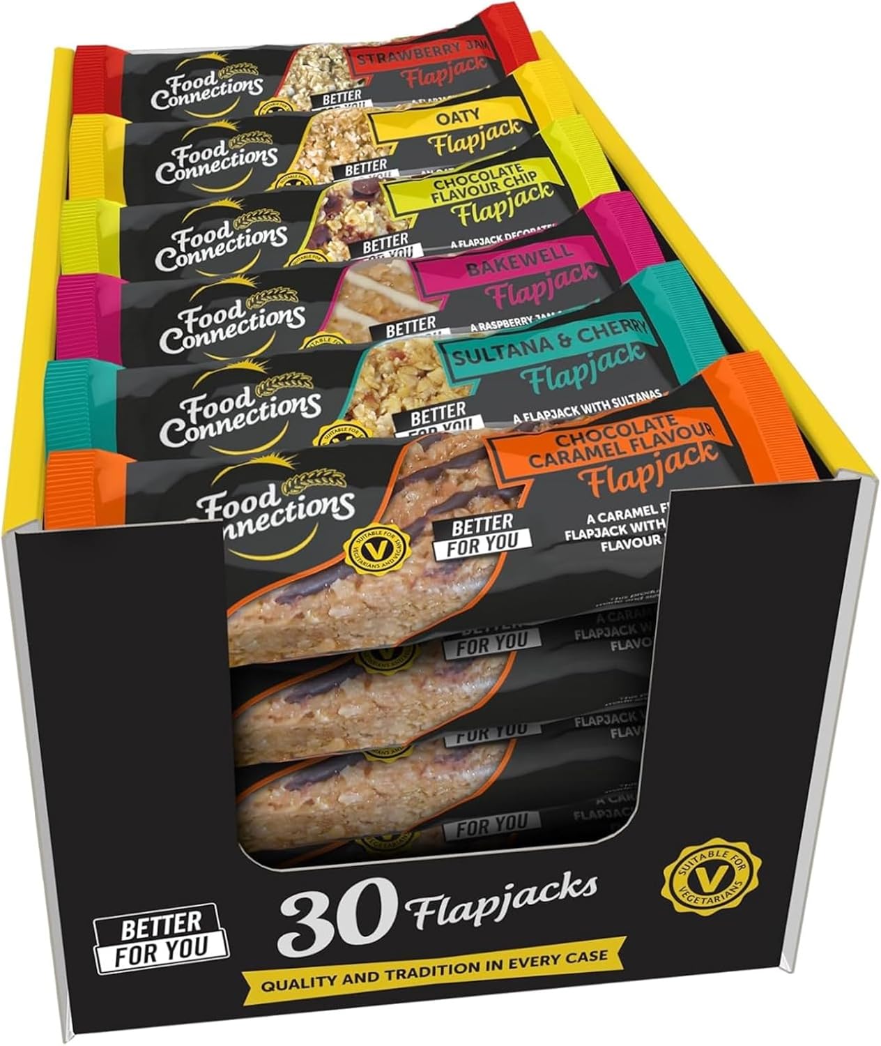 Food Connections Better For You* Flapjack Bars (Box of 30x 80g Bars) - Healthier Snack Flapjacks in 6x Flavours, UK Government HFSS Compliant