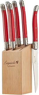 Laguiole By FlyingColors Steak Knife Set, Micro Serrated Blade, Stainless Steel, Wood Block, Red Color Handle, 6 Pieces (Red)