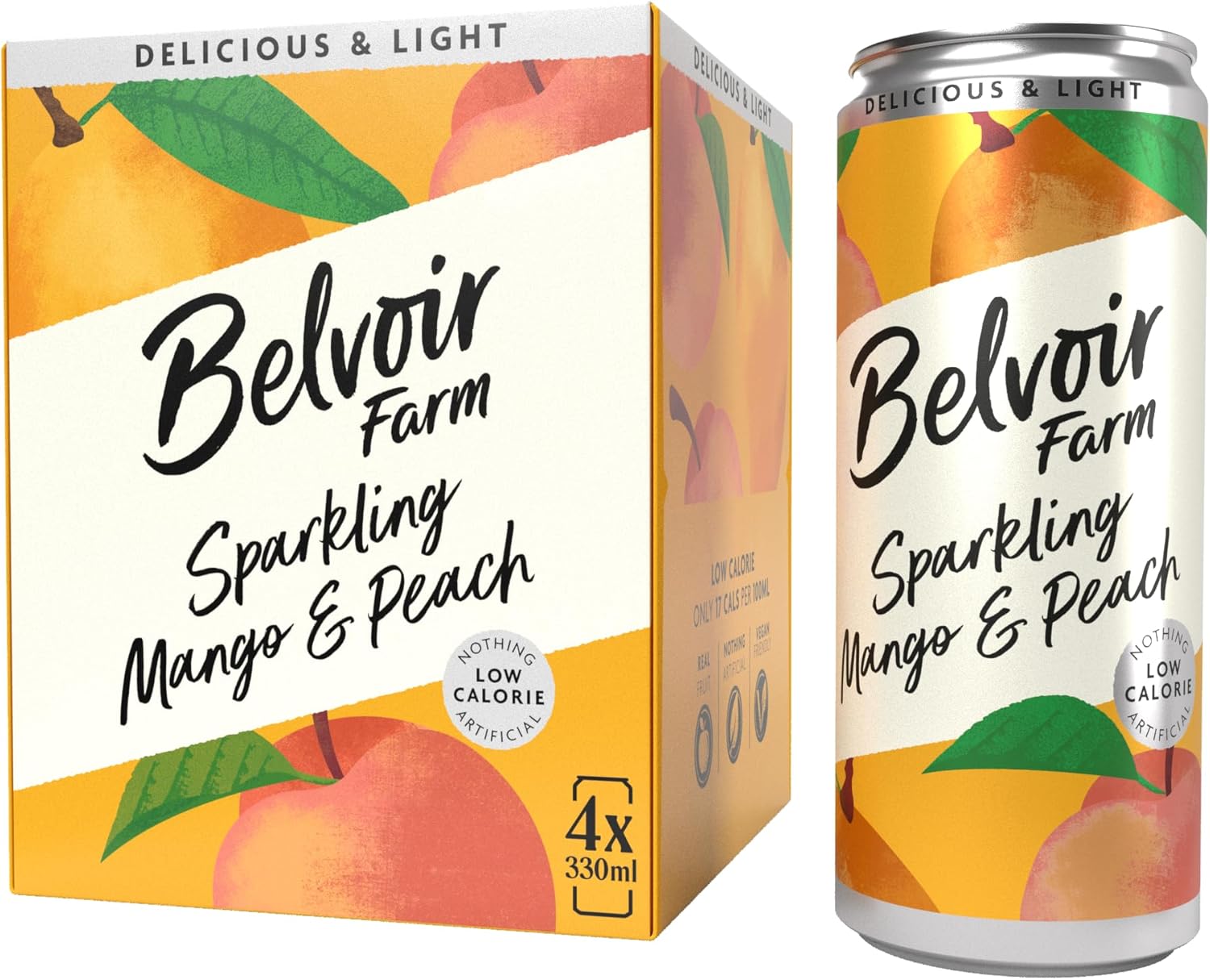Belvoir Farm - Sparkling Mango & Peach, Delicious and Light, Real Fruit Juice, Low in Calories, Nothing Artificial, Gluten Free, Suitable for Vegetarians & Vegans 4x330ml