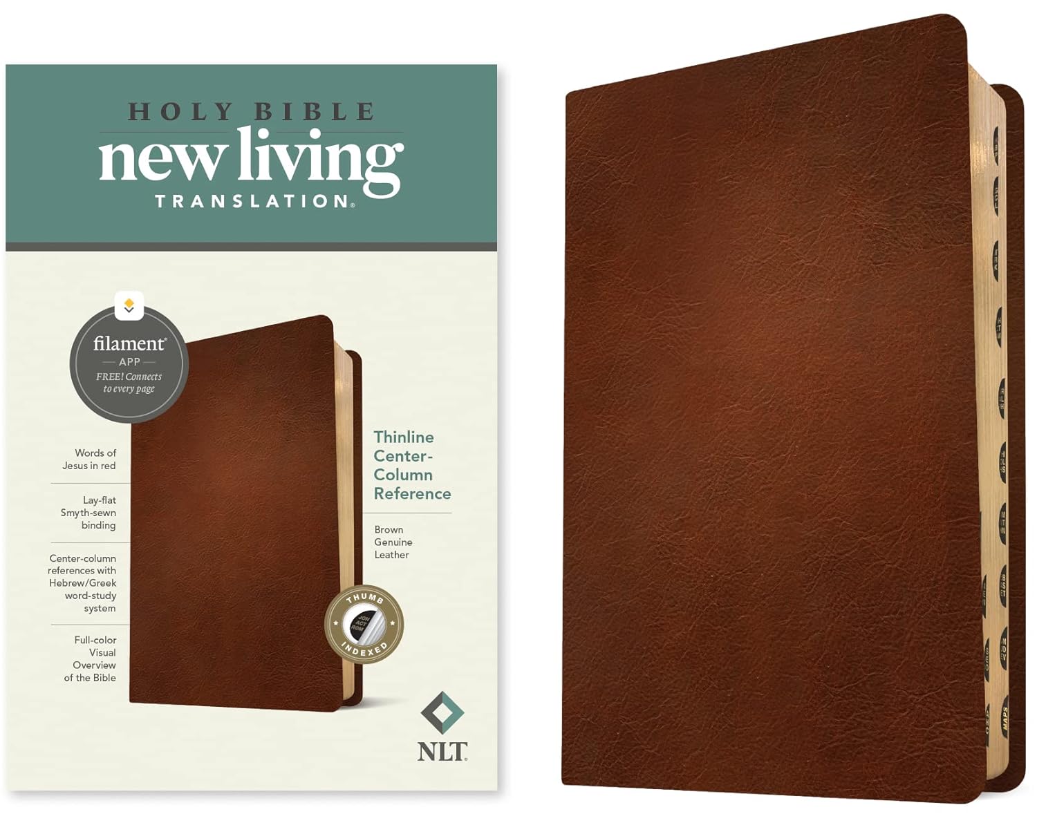 NLT Thinline Center-Column Reference Bible, Filament-Enabled Edition (Red Letter, Genuine Leather, Brown, Indexed): New Living Translation, Brown, ... Thinline Center-column Reference Bible