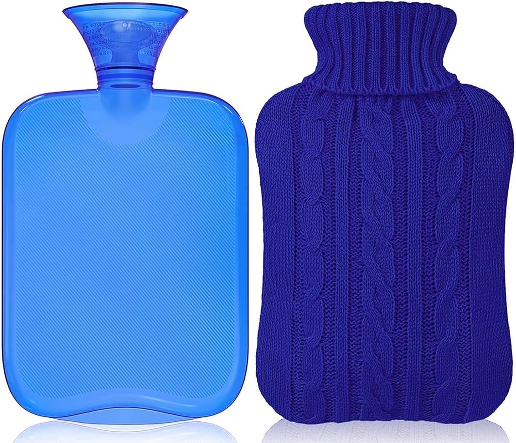 Attmu Hot Water Bottle with Cover Knitted, Transparent Hot Water Bag 2 Liter - Blue
