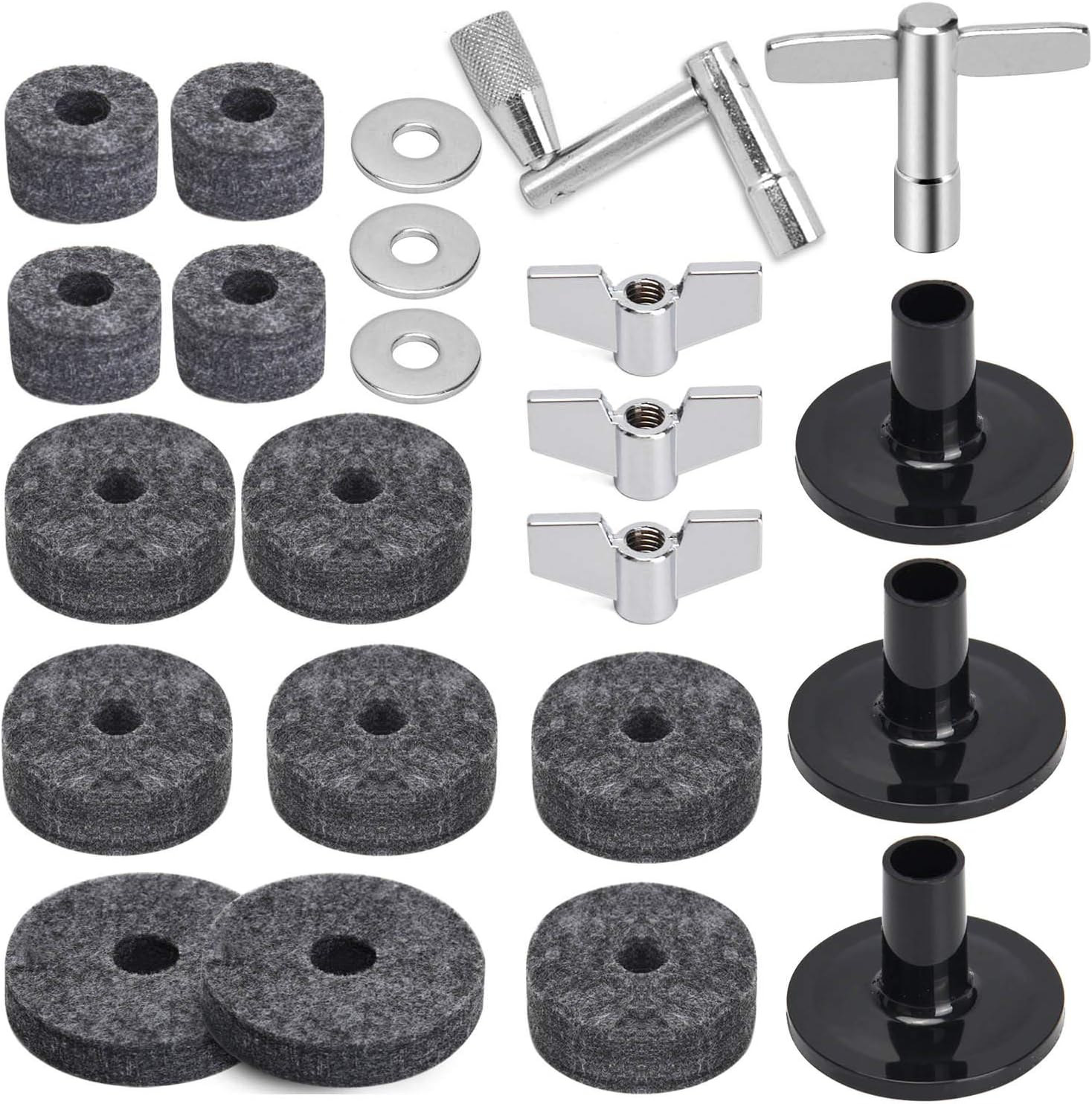 Facmogu 23PCS Cymbal Accessory Set, Drum Cymbal Replacement Accessories | Cymbals Stand Felts, Drum Felt Pads Include Clutch Felts, Wing Nuts, Washers, Key | Replacement for Drum Set | Gray