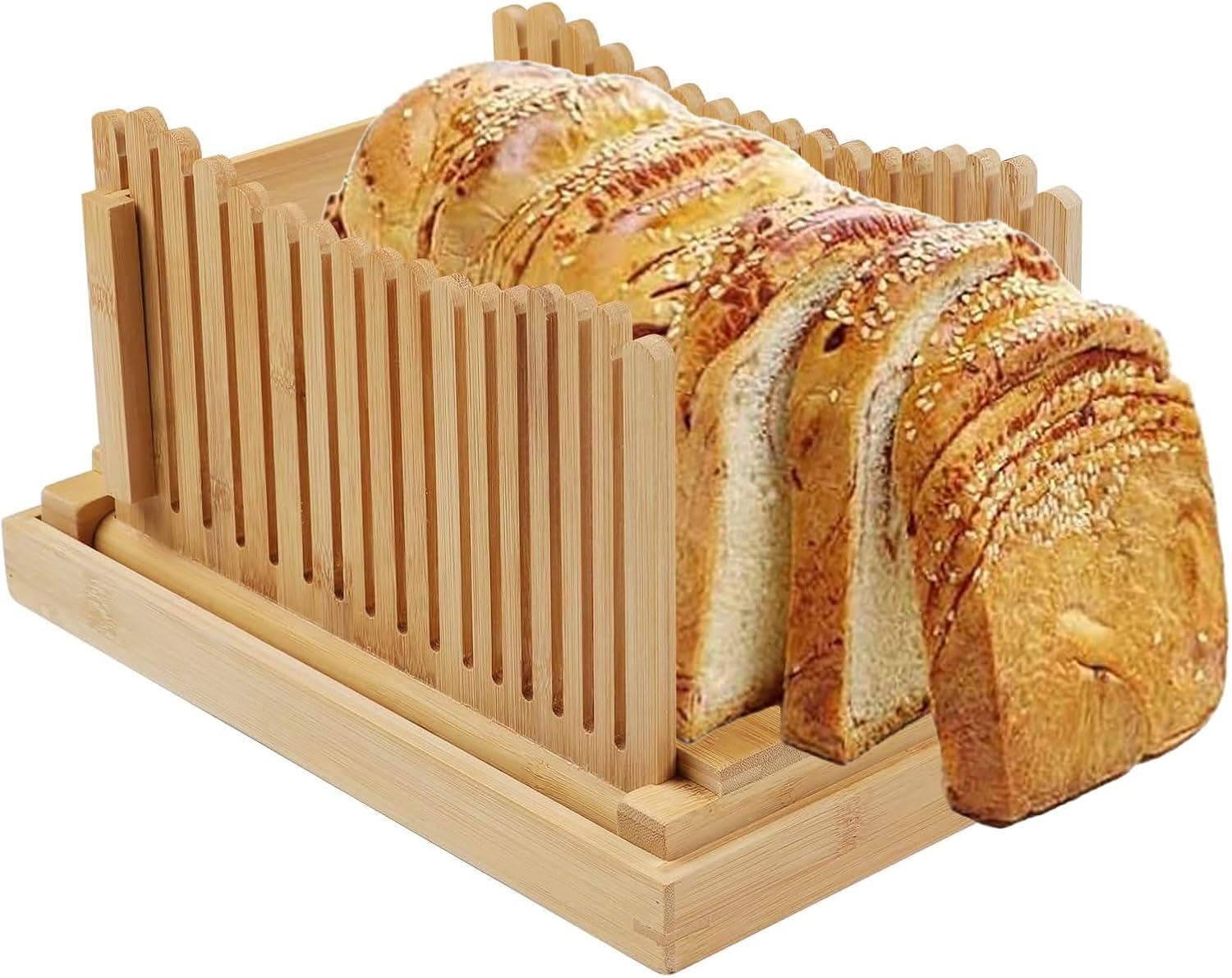 Bamboo Bread Slicer -Adjustable Bread Slicer for Homemade Bread with 3 Thickness Sizes - Foldable Board Loaf Slicer with Crumb Tray - Idea for Cakes, Sourdough Bread & Bagels