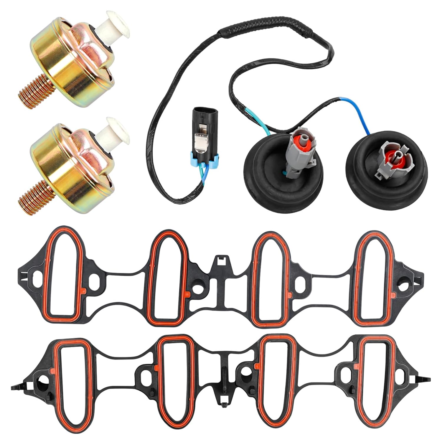 Dual Knock Sensors with Wiring Harness and Intake Manifold Gasket Kit | for Chevy Silverado Avalanche Tahoe, GMC Sierra Yukon, Cadillac Hummer & More GM Vehicles | Replace# 12601822,213-3521,89060413