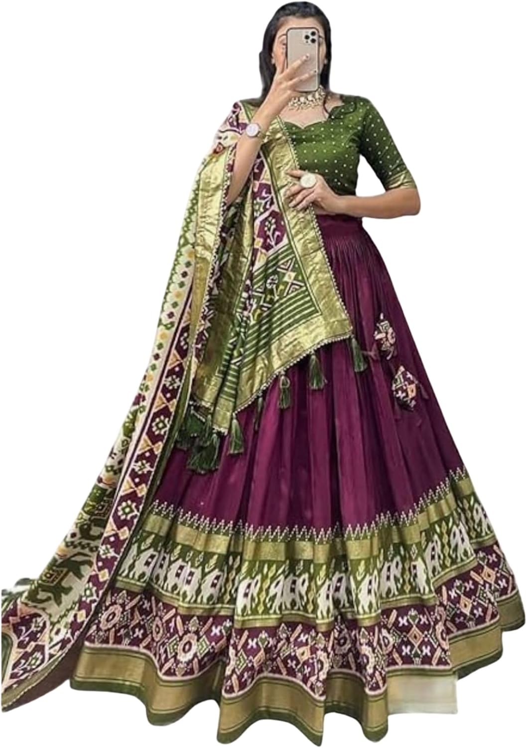 Stitched Traditional Lehenga Choli Set with Patola Dupatta – Festive & Wedding Wear for Women (US, Alpha, Small, Regular, Regular, Wine Purple)
