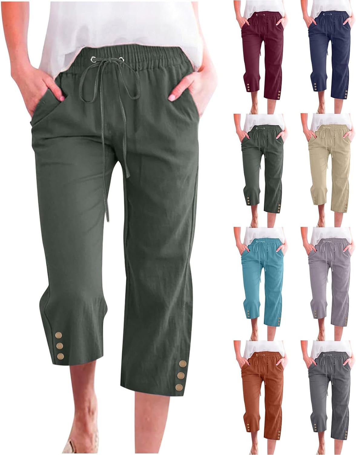 Womens Capris Pants High Waist Drawstring Comfy Cropped Linen Lightweight Loose Trousers Buttons Trim with Pockets