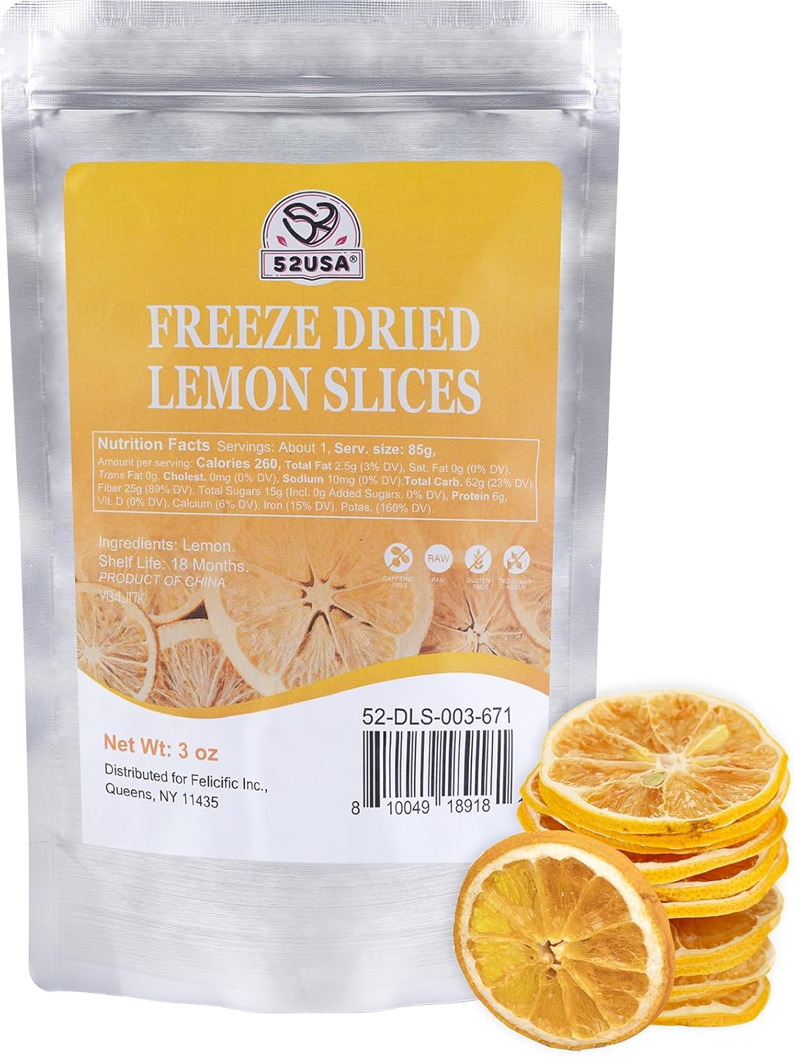 52USA Freeze Dried Lemon Slices, 3oz (85g), Dehydrated Lemon Slices for Teas, Infused Water, All Natural, No Additives, No Sugar Added, Dried Fruit for Cocktails, Baking & Garnishing