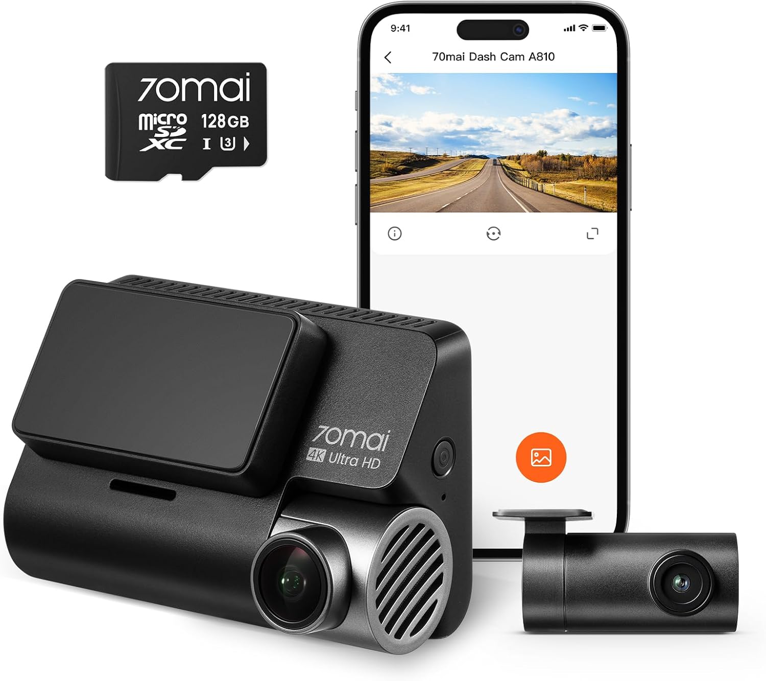 70mai 4K Dash Cam Front and Rear A810, 4K+1080P HDR Dash Cam with Night Vision, WiFi APP Control, 170°Wide Angle, 24/7 Parking Mode, G-Sensor, Loop Recording for Cars, Vans, Included 128GB Card