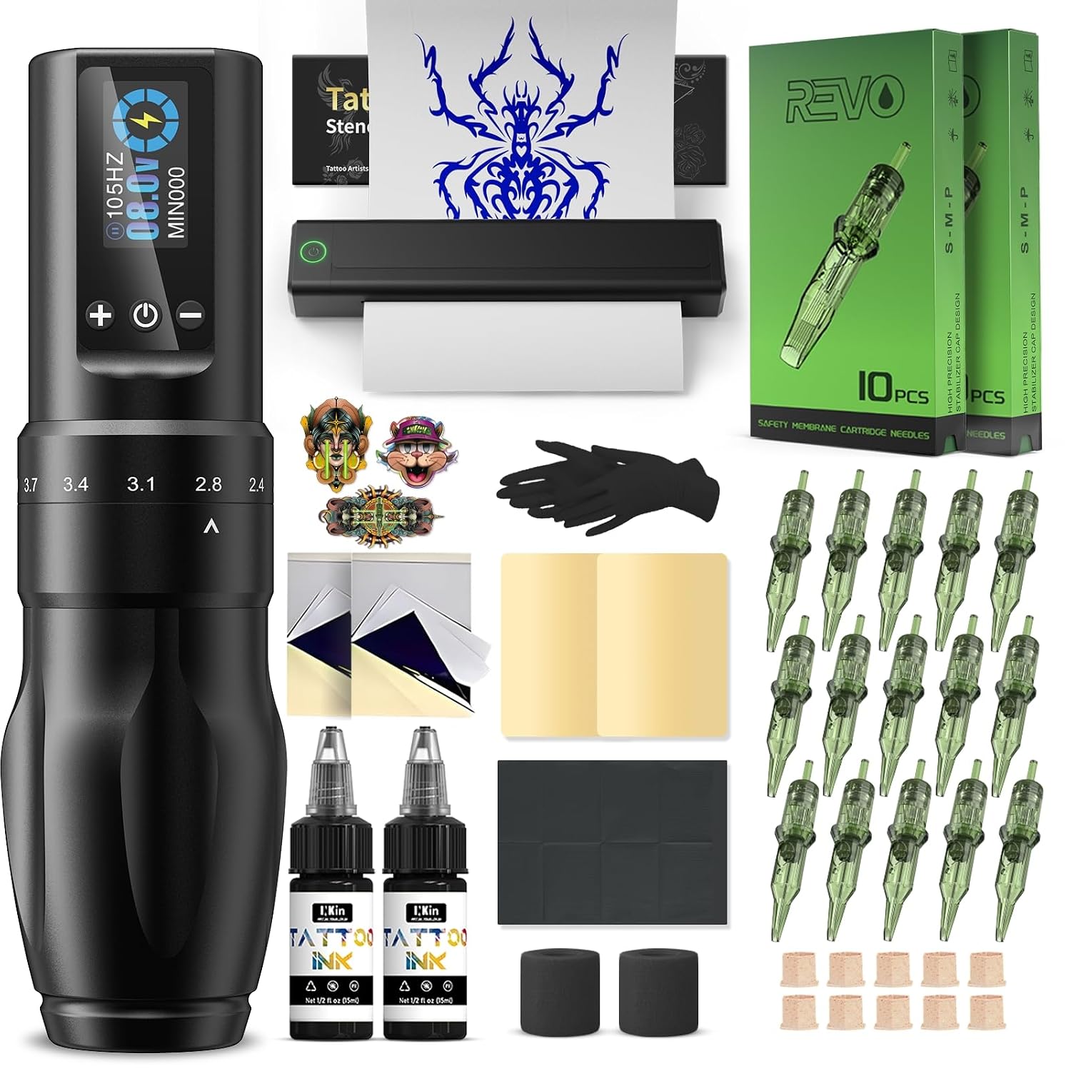 INKin Tattoo Kit for Beginners Complete Set with Tattoo Stencil Printer, Tattoo Gun with 7 Stroke 2.0-4.0mm and 1600mAh Power for Long Time Work of 8 Hours, Full Kit with Tattoo Needles and Tattoo Ink
