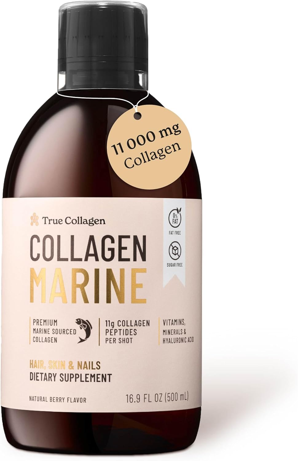 True Collagen Marine | 11,000 mg Hydrolyzed Collagen Liquid Supplement - 500 ml, 20 Day Supply | Hyaluronic Acid, Biotin and Vitamin C to Support Healthy Hair, Skin and Nails | Sugar-Free & Fat-Free