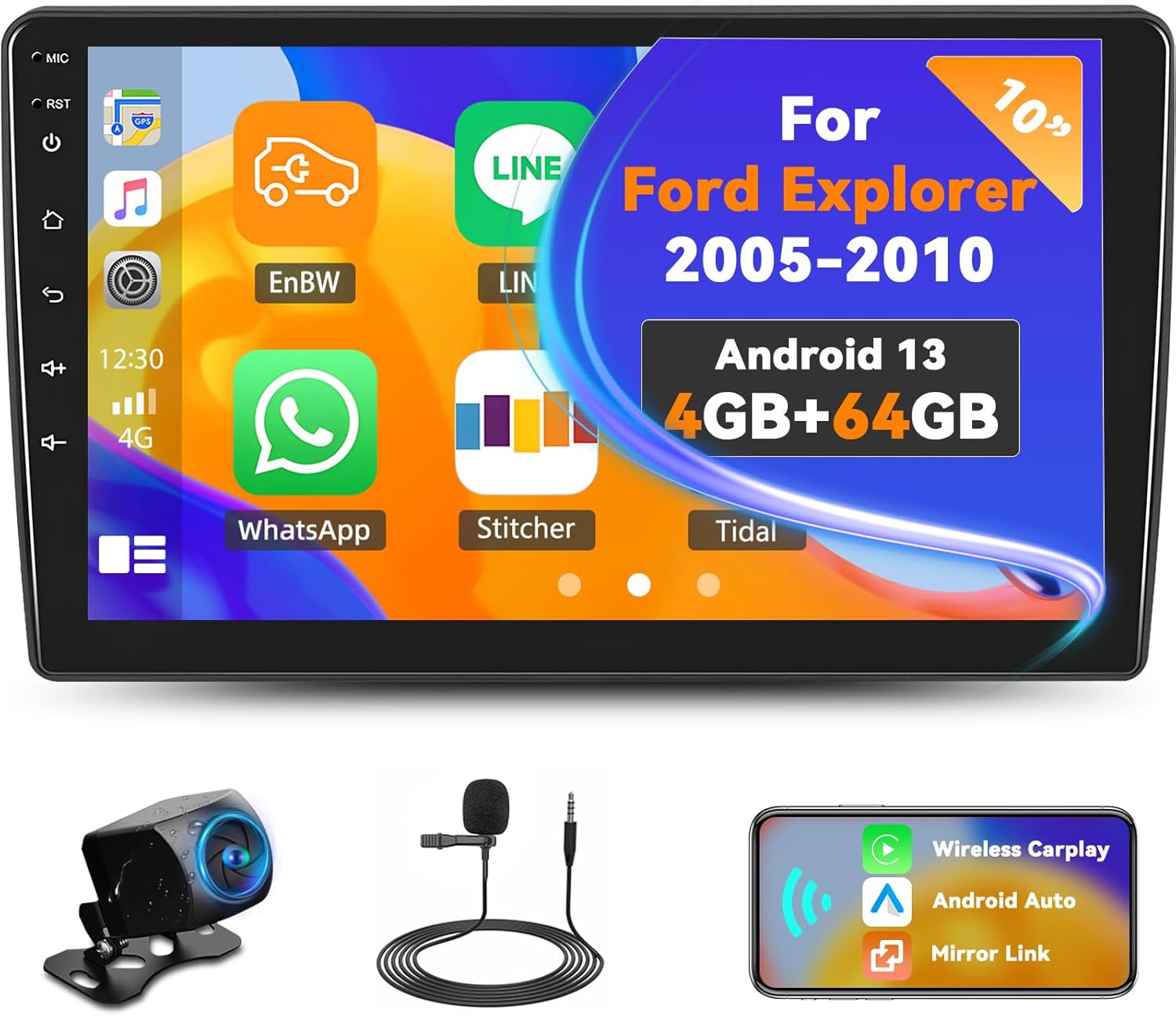 [4G+64G] Android 13 Car Stereo for Ford Explorer 2005-2010 with Wireless CarPlay Android Auto,10.1" Touchscreen Car Radio with Mirror Link Voice Control WiFi/GPS,Bluetooth,FM/RDS,SWC+Backup Camera