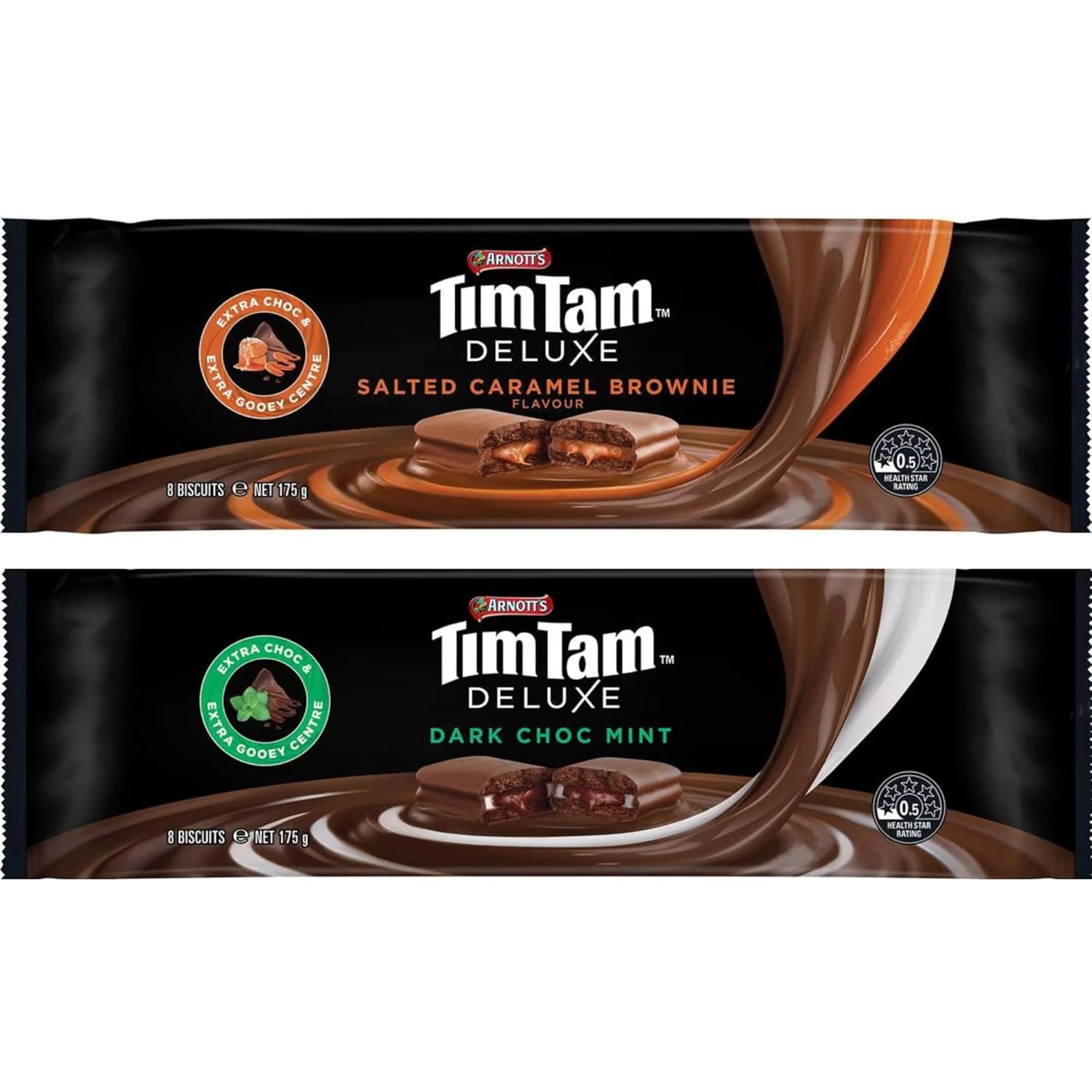 Tim Tam Deluxe Chocolate Biscuits 2 Pack - Salted Caramel Brownie 175g & Dark Choc Mint 175g