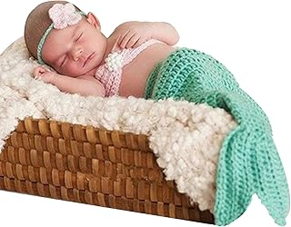 M&G House Newborn Photography Prop Mermaid Outfit Baby Photo Props Handmade Crochet Mermaid Tail Outfit Baby Mermaid Costume Set Headband Bra Tail