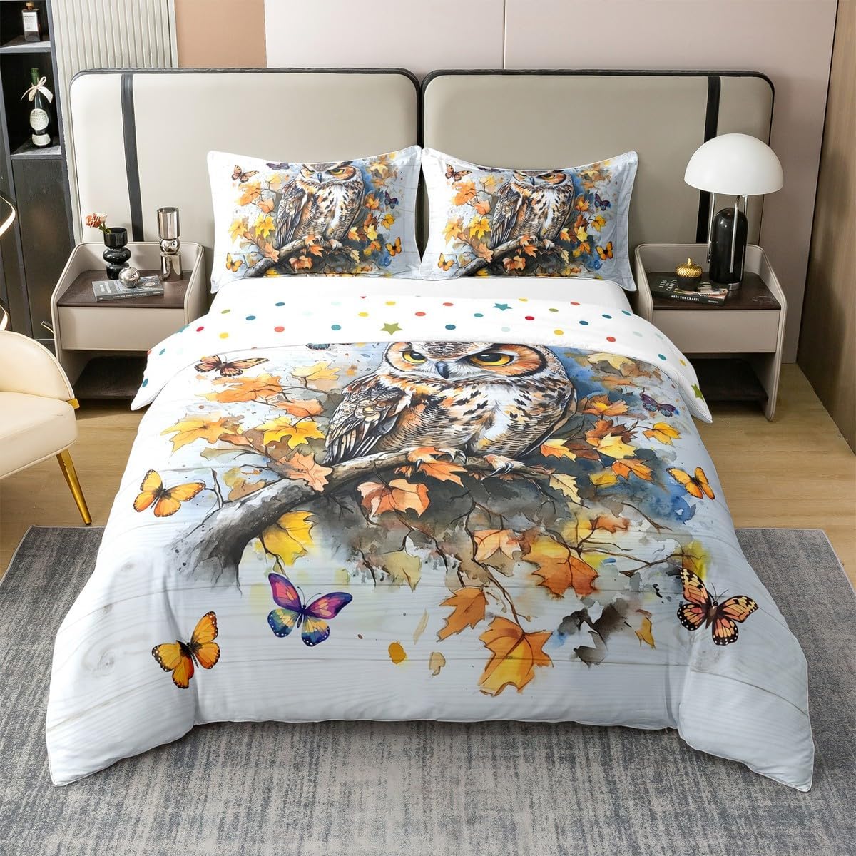 2 Pieces Fall Owl Cotton Duvet Cover Sets(NO Comforter),Retro Fallen Maple Leaves Comforter Cover for Kids Adults Bedroom Decor,Jugnle Wild Birds Bedding Set,Autumn Butterfly Quilt Cover,Twin