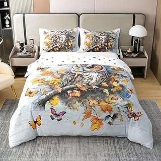 2 Pieces Fall Owl Cotton Duvet Cover Sets(NO Comforter),Retro Fallen Maple Leaves Comforter Cover for Kids Adults Bedroom Decor,Jugnle Wild Birds Bedding Set,Autumn Butterfly Quilt Cover,Twin