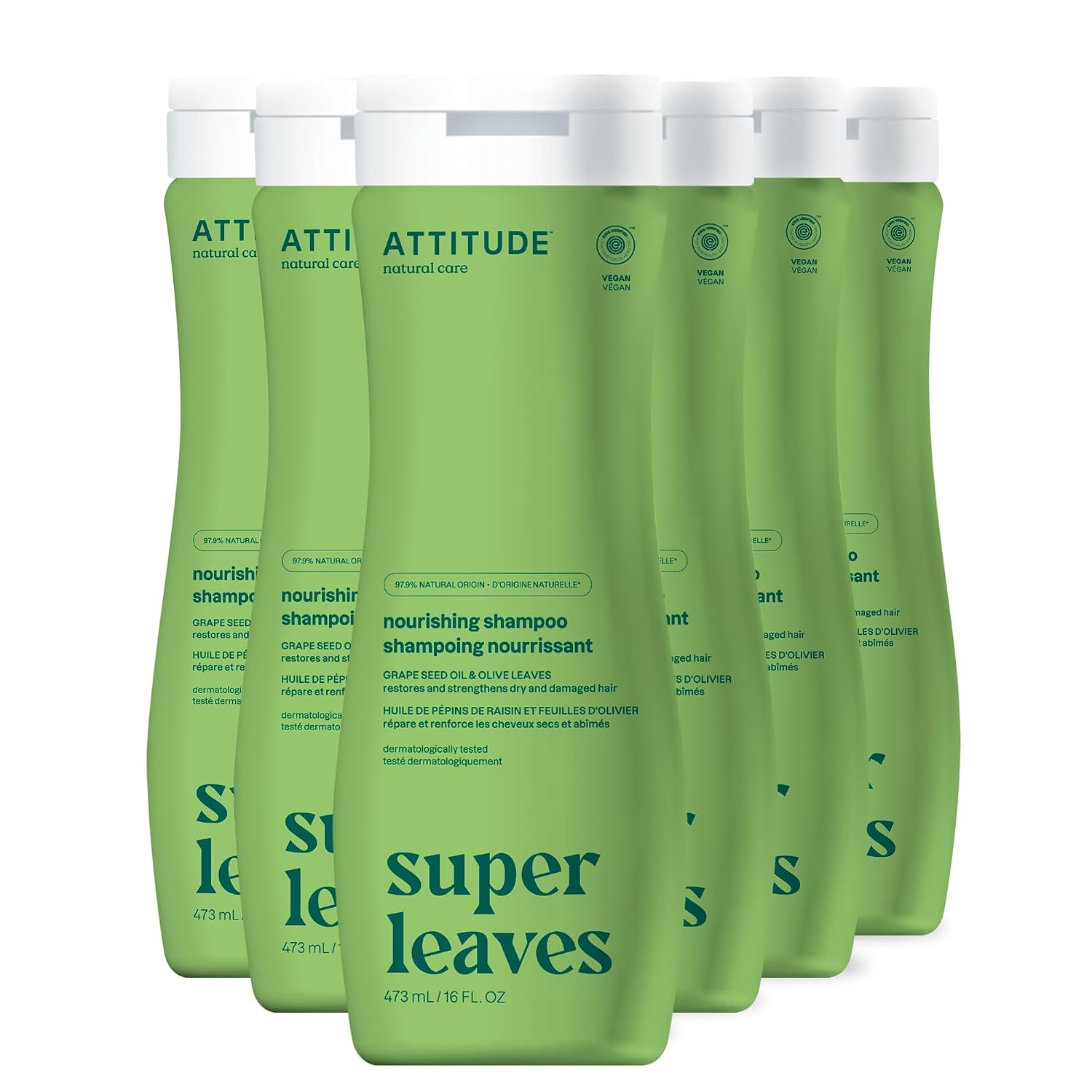 ATTITUDE Nourishing Hair Shampoo, EWG Verified, For Dry and Damaged Hair, Naturally Derived Ingredients, Vegan and Plant Based, Grapeseed Oil and Olive Leaves, 16 Fl Oz (Pack of 6)