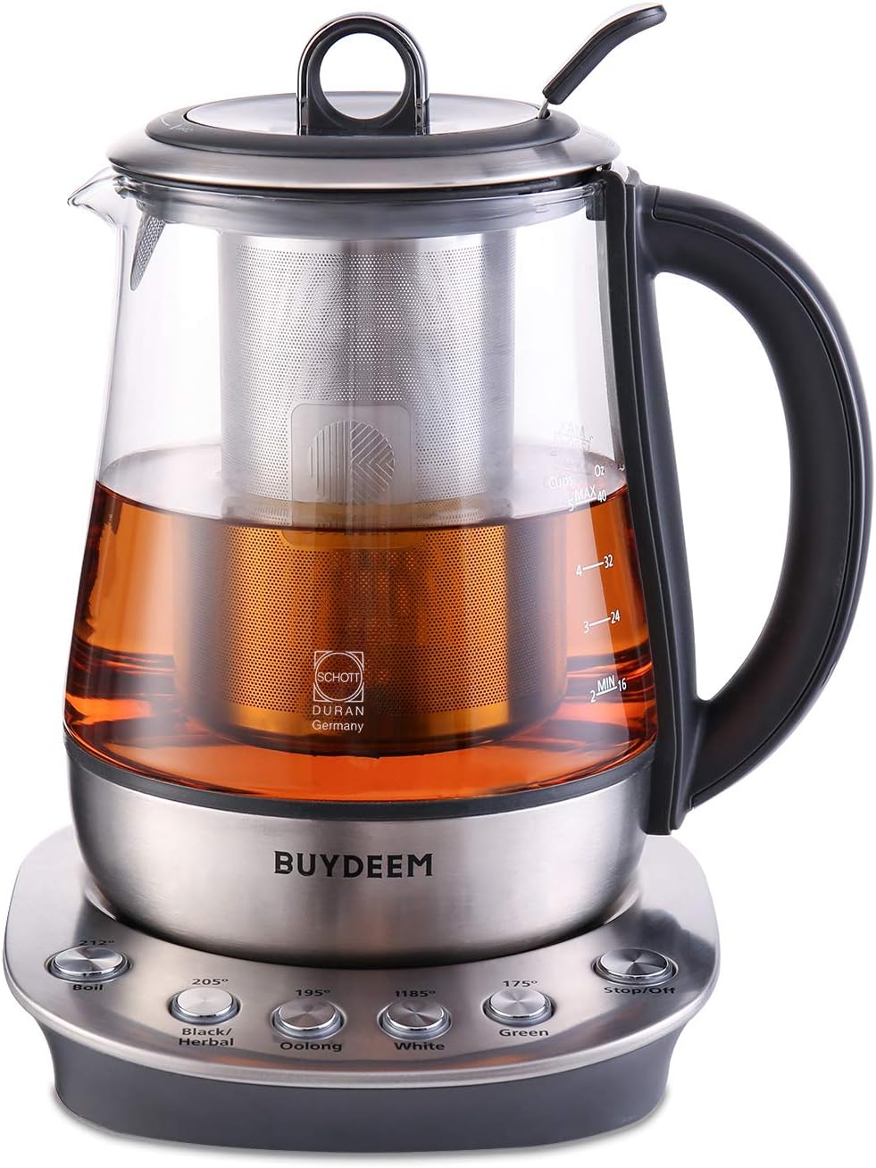 BUYDEEM K2423 Tea Maker, 316 Stainless Steel & Heat Resistant DURAN Glass Electric Kettle, Removable Infuser, Auto Keep Warm, 1.2L