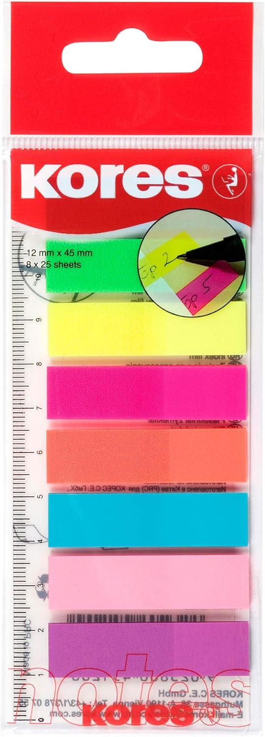 Kores - Sticky Labels on Ruler - Film Index Tabs, Self-Adhesive Page Markers and Book Tabs - School and Office Supplies - 12 x 45 mm - Set of 8 Assorted Colours x 25 Sheets