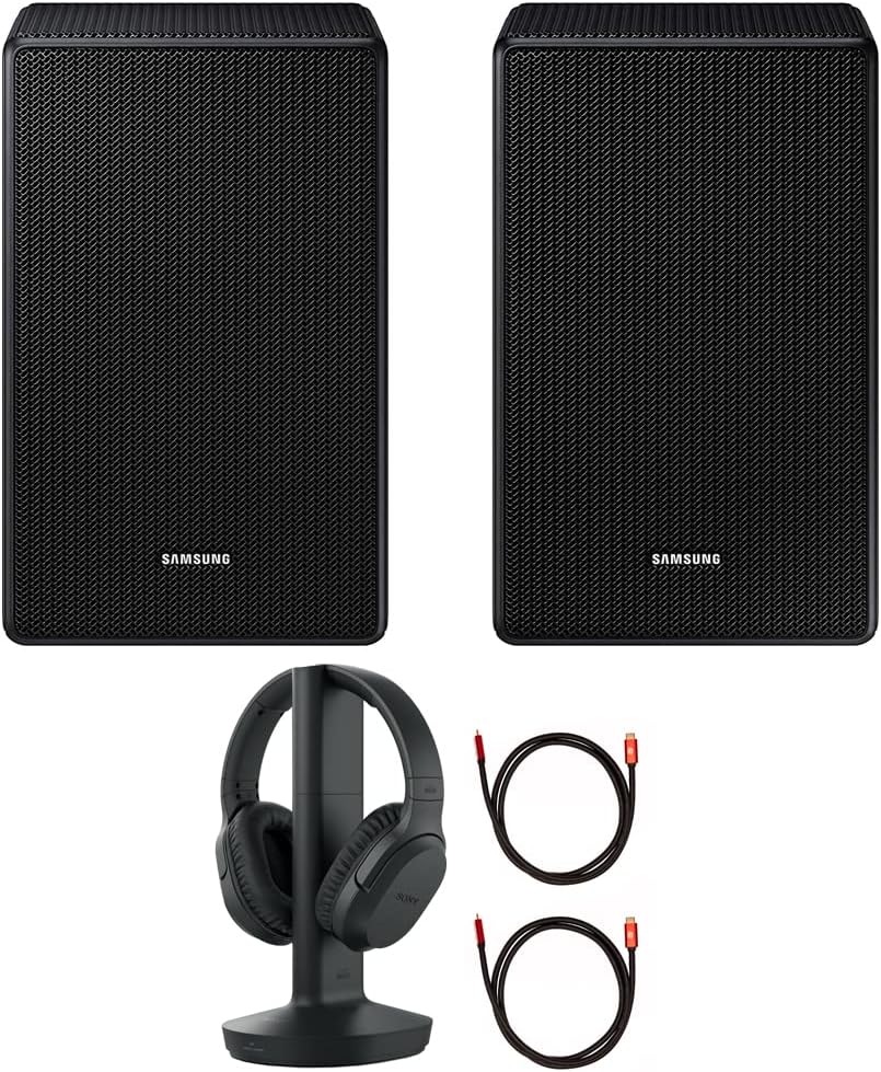 Samsung SWA-9500S Wireless Rear Speaker Kit w/Dolby Atmos for Soundbar Surround Sound Bundle with Sony RF400 Wireless Home Theater Headphones + 2X Deco Gear 6FT Universal 4K HDMI 2.0 Cable