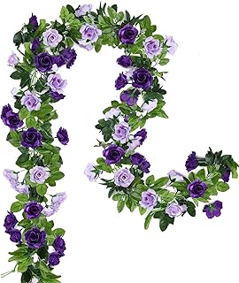Floweroyal 2 Pack Artificial Flower Garlands 15.8FT Fake Rose Vines Silk Flowers Hanging Rose Ivy for Wedding Arch Party Home Garden Wall Decor (Purple)