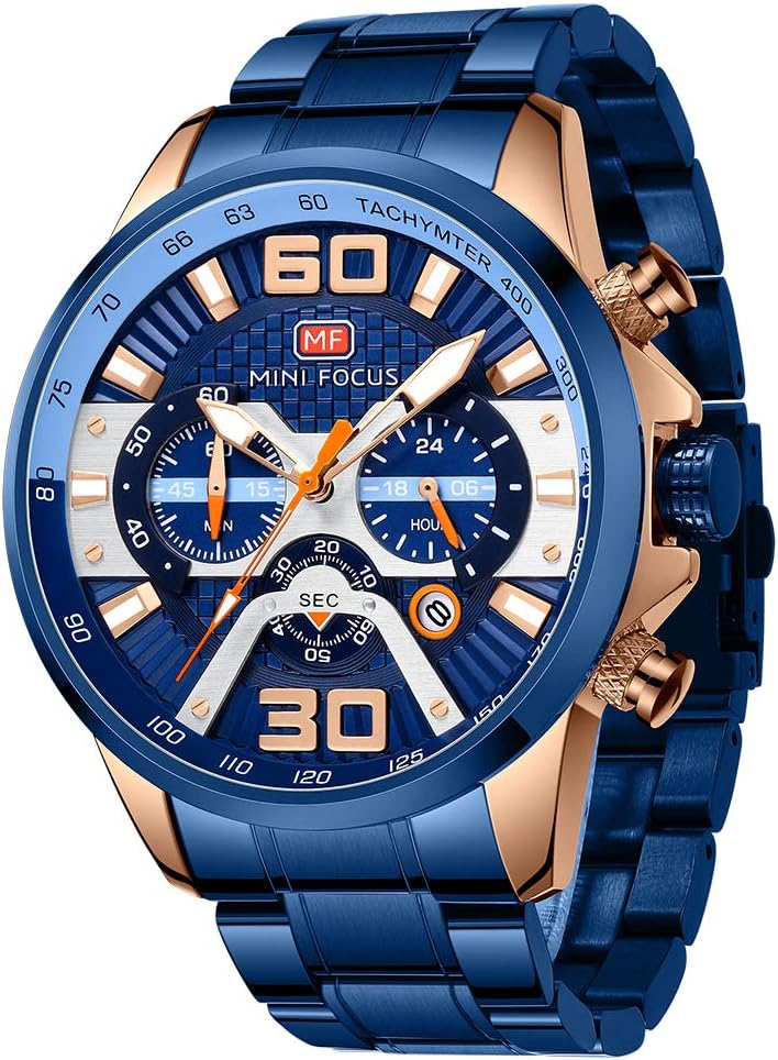 MF MINI FOCUS Men's Luxury Quartz Watch with Chronograph, Date Display & Night Vision, 48mm Alloy Case, 30M Waterproof, Stainless Steel Band, Fashion Sports Watch for Men 0336G